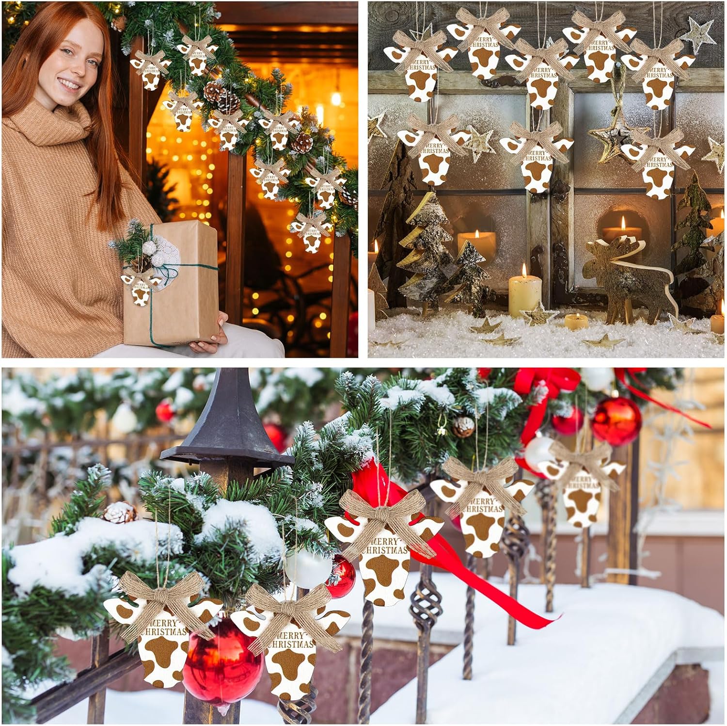 24 adornos de Navidad de vaca, decoración colgante de árbol de Navidad, cabeza de vaca, letrero de madera para puerta delantera, vaca rústica,