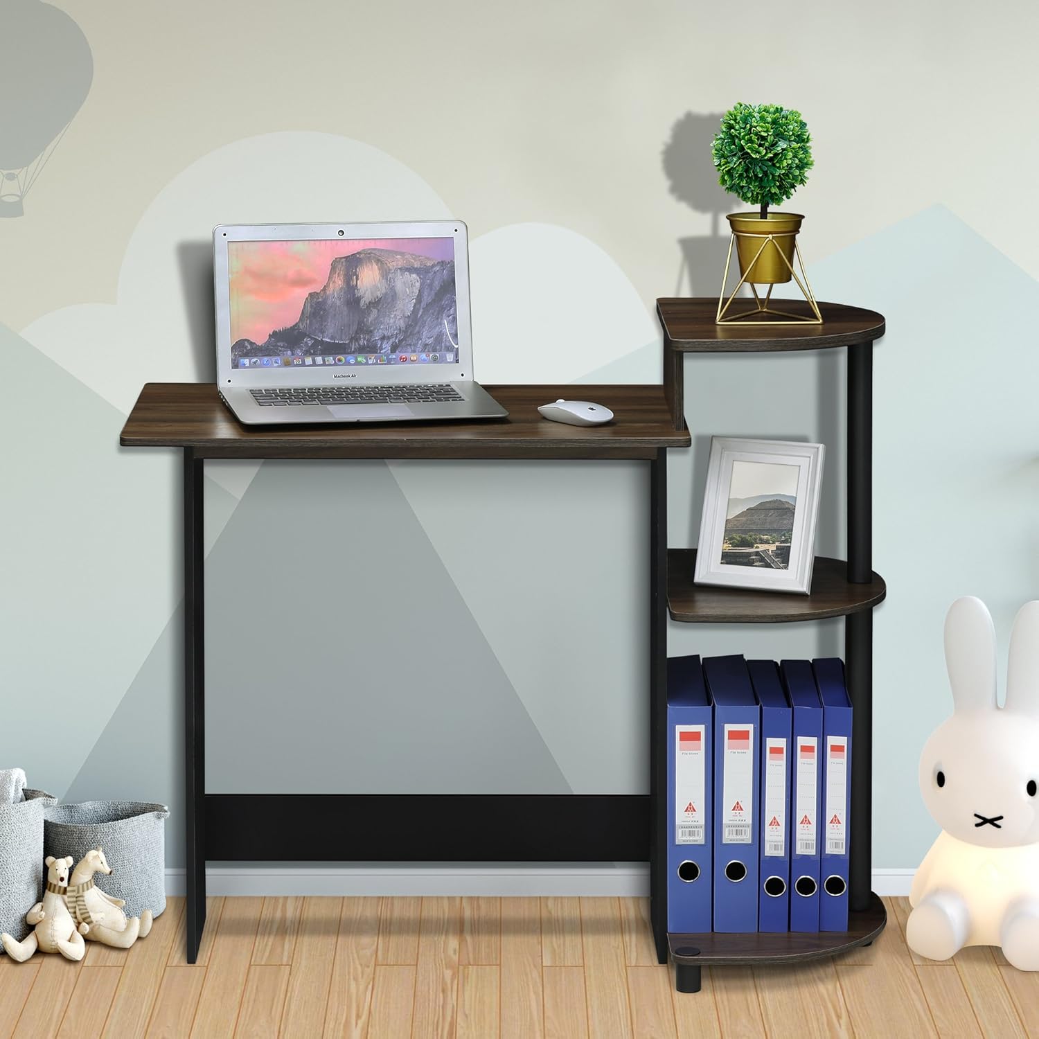 Furinno – Escritorio compacto para computadora con estantes, Tablero de partículas, Columbia NogalNegro
