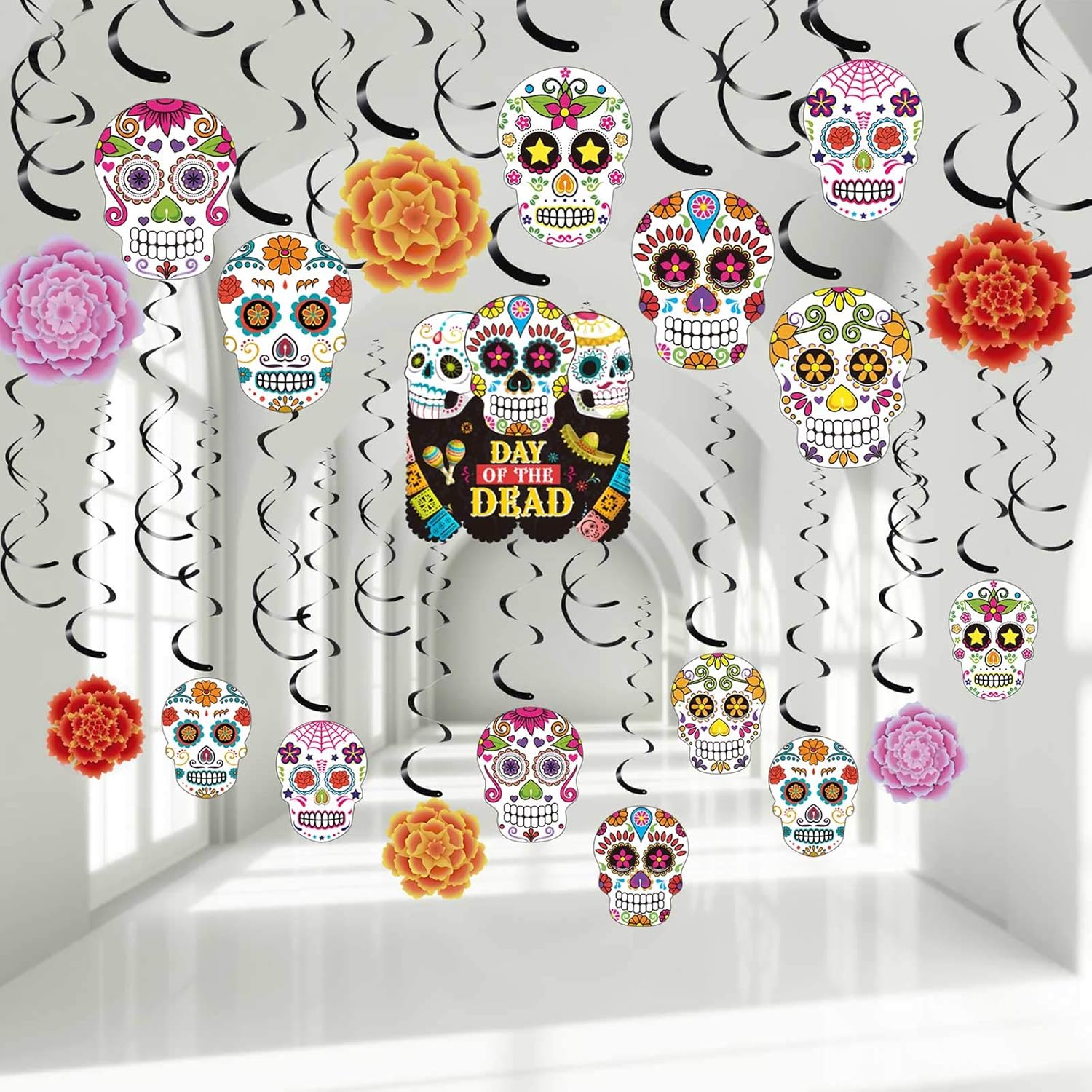 30 remolinos de papel de aluminio del Día de los Muertos, decoraciones de Halloween, calavera de azúcar, flores colgantes en el techo, remolinos de