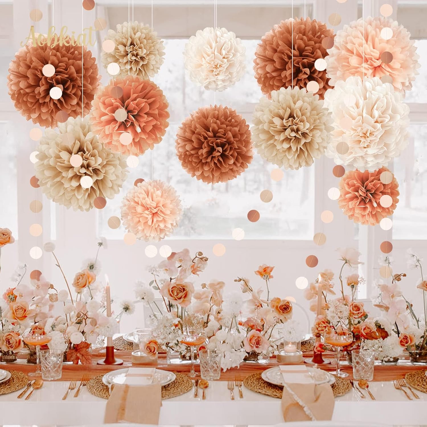 Juego de decoración de boda para baby shower, 15 pompones de papel de seda marrón melocotón, lunares circulares coloridos guirnalda de papel para