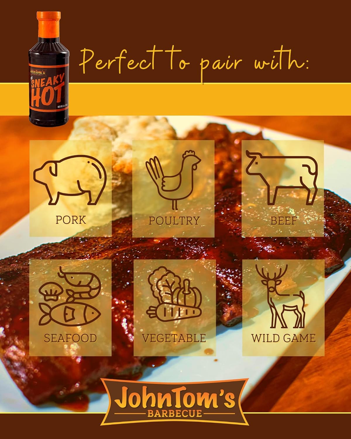 JohnTom’s Barbecue Sneaky Hot Sauce – Salsa gourmet BBQ de 20 oz. Botella – Hecha con todos los ingredientes naturales. Bueno como adobo de pechuga,