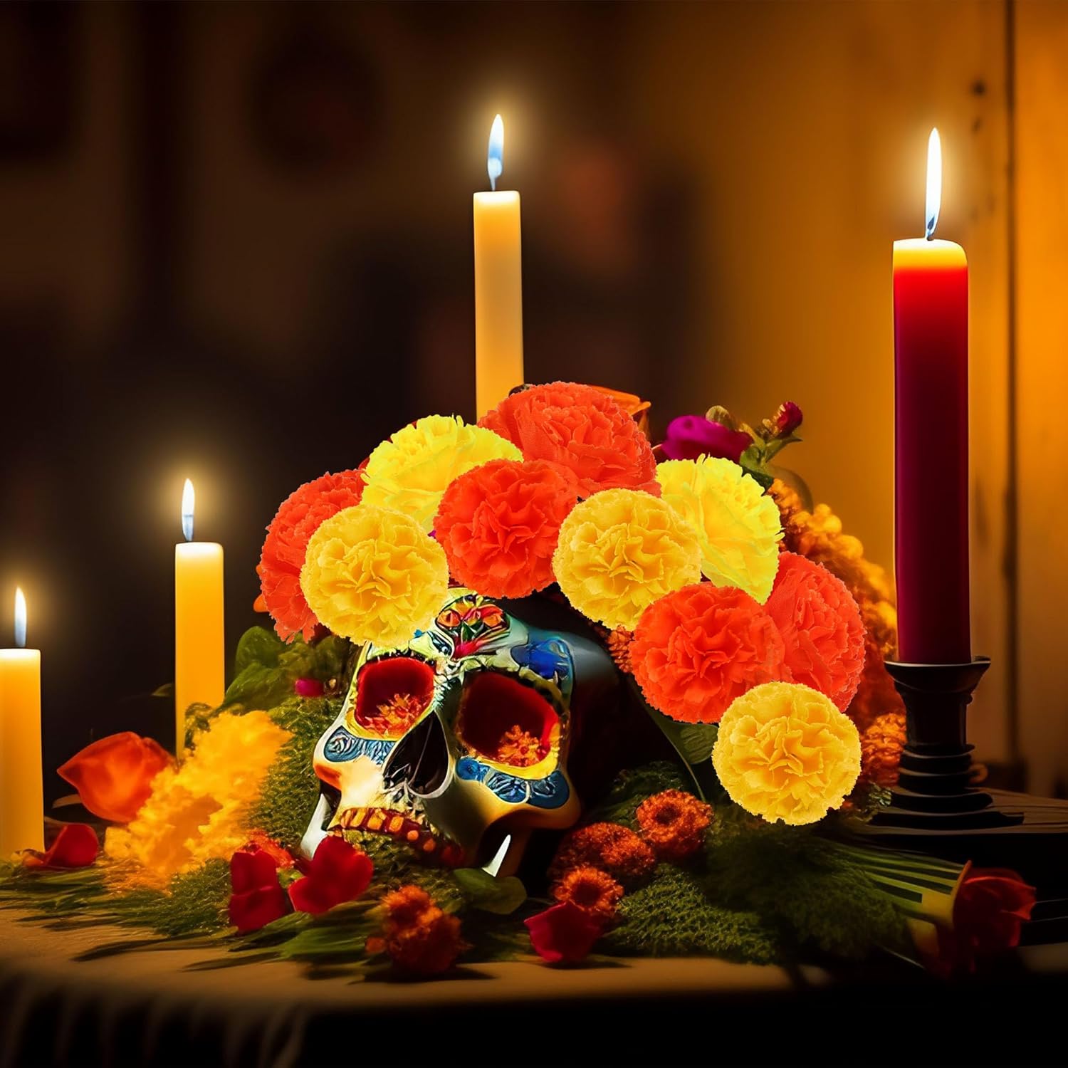 50 piezas de flores artificiales de caléndula de seda naranja amarillo flores para el Día de los Muertos Diwali decoración del hogar temática india