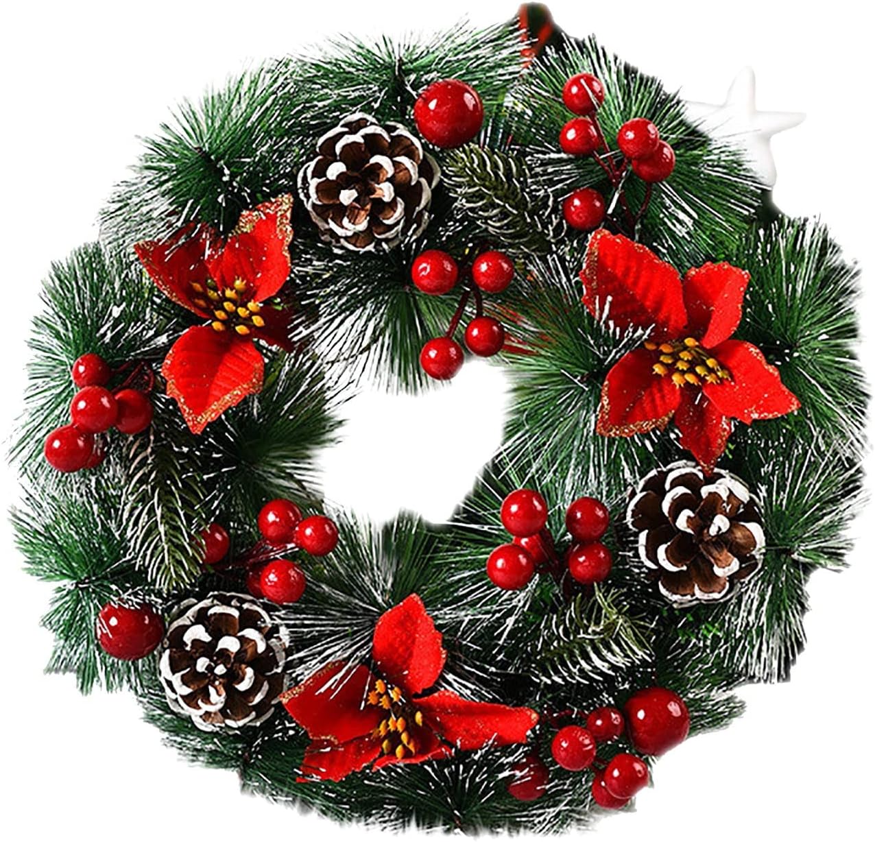 Corona de Navidad de 12.6 pulgadas para puerta delantera, flor de pascua roja, bayas y piñones, coronas de Navidad artificiales para exteriores,