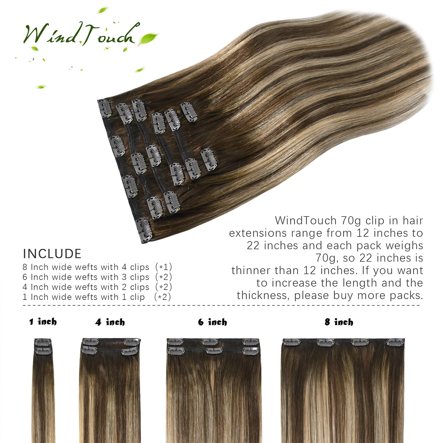 Extensiones de cabello humano con pinzas, color castaño chocolate a rubio oscuro con balayage y reflejos, para cabello castaño, 2.47onzas, N.
