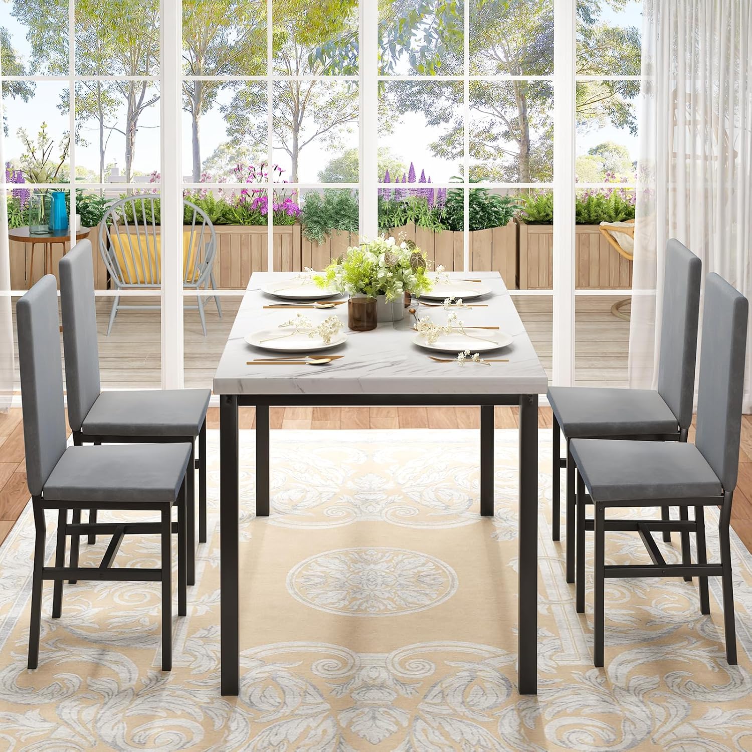 Hooseng Juego de 4 mesas de comedor para 4, juego de 4 mesas y sillas de cocina modernas, juego de mesa de comedor de 5 piezas que ahorran espacio