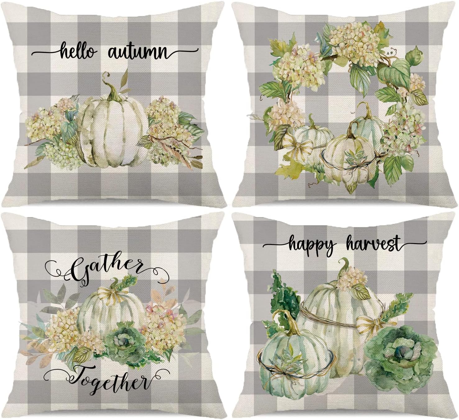 Juego de 4 fundas de almohada de calabaza otoñal de 18 x 18 pulgadas, diseño de calabaza, gris, búfalo, a cuadros, para otoño, Acción de Gracias,