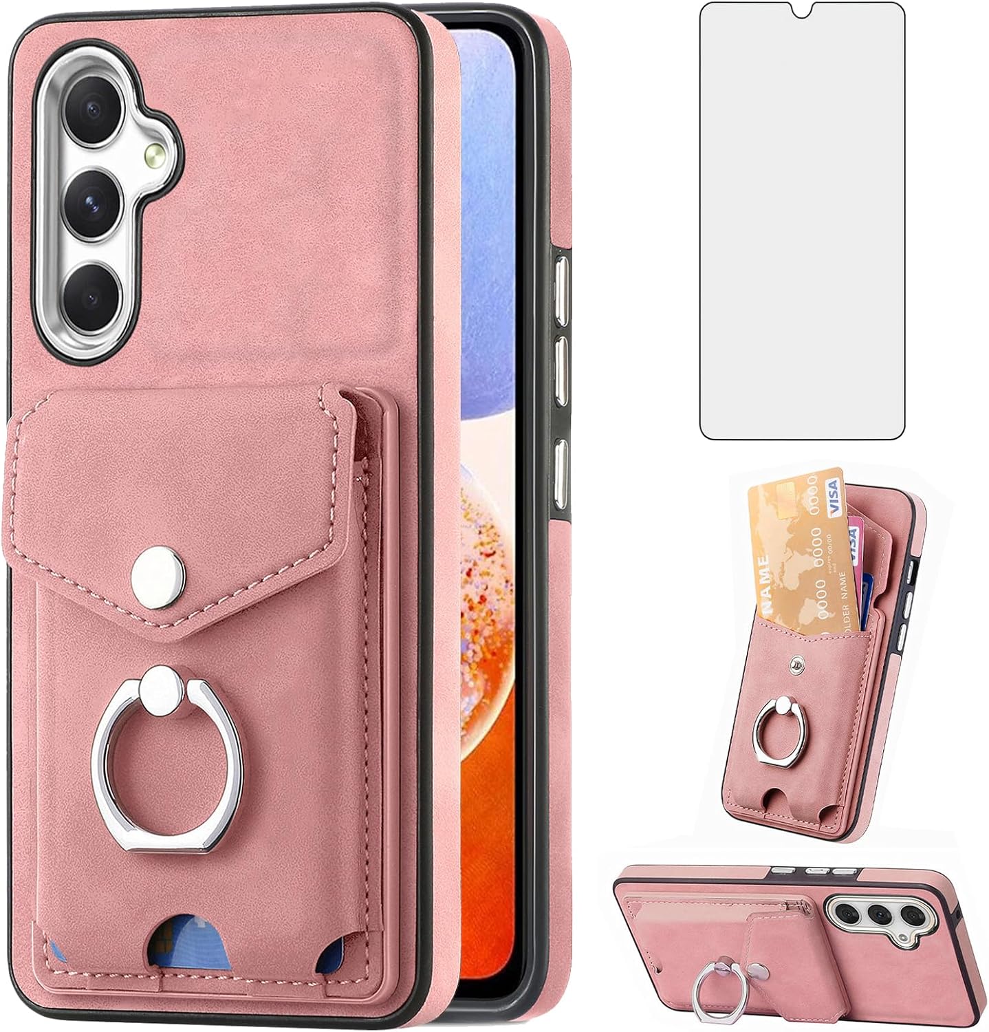 Asuwish Funda tipo cartera compatible con Samsung Galaxy A14M14 5G y protector de pantalla de vidrio templado, soporte para tarjetas, soporte