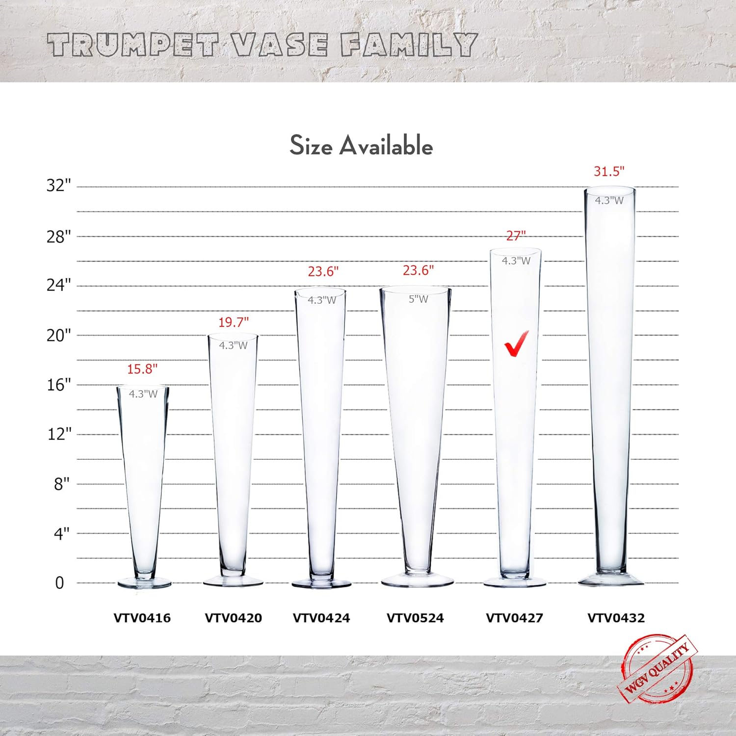 WGV – Jarrón de vidrio de trompeta, abierto de 4 pulgadas, altura de 27 pulgadas, varios tamaños a elegir, maceta floral Pilsner alta transparente,