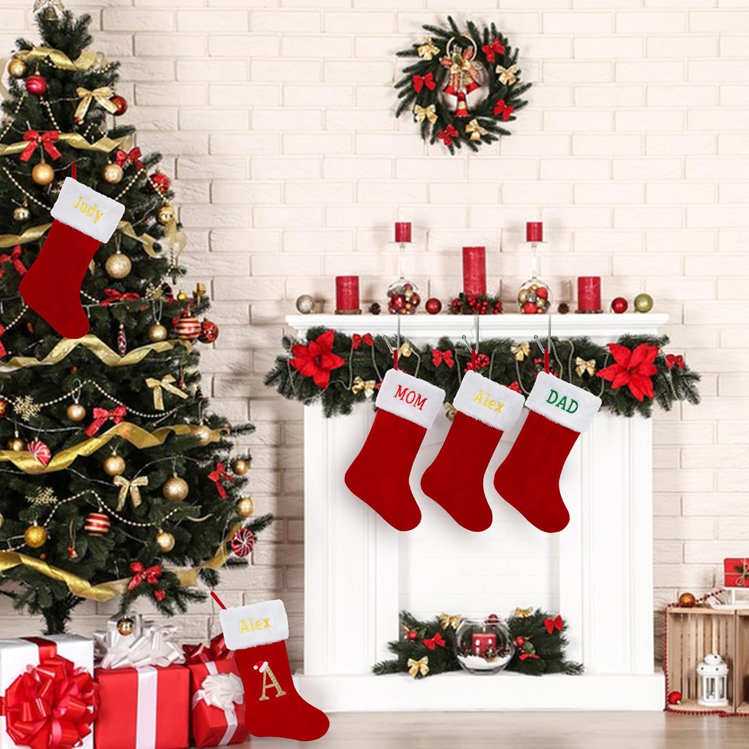 Medias de Navidad personalizadas, medias de Navidad con nombre personalizado, terciopelo rojo con puño de felpa suave blanca para niños, calcetín de