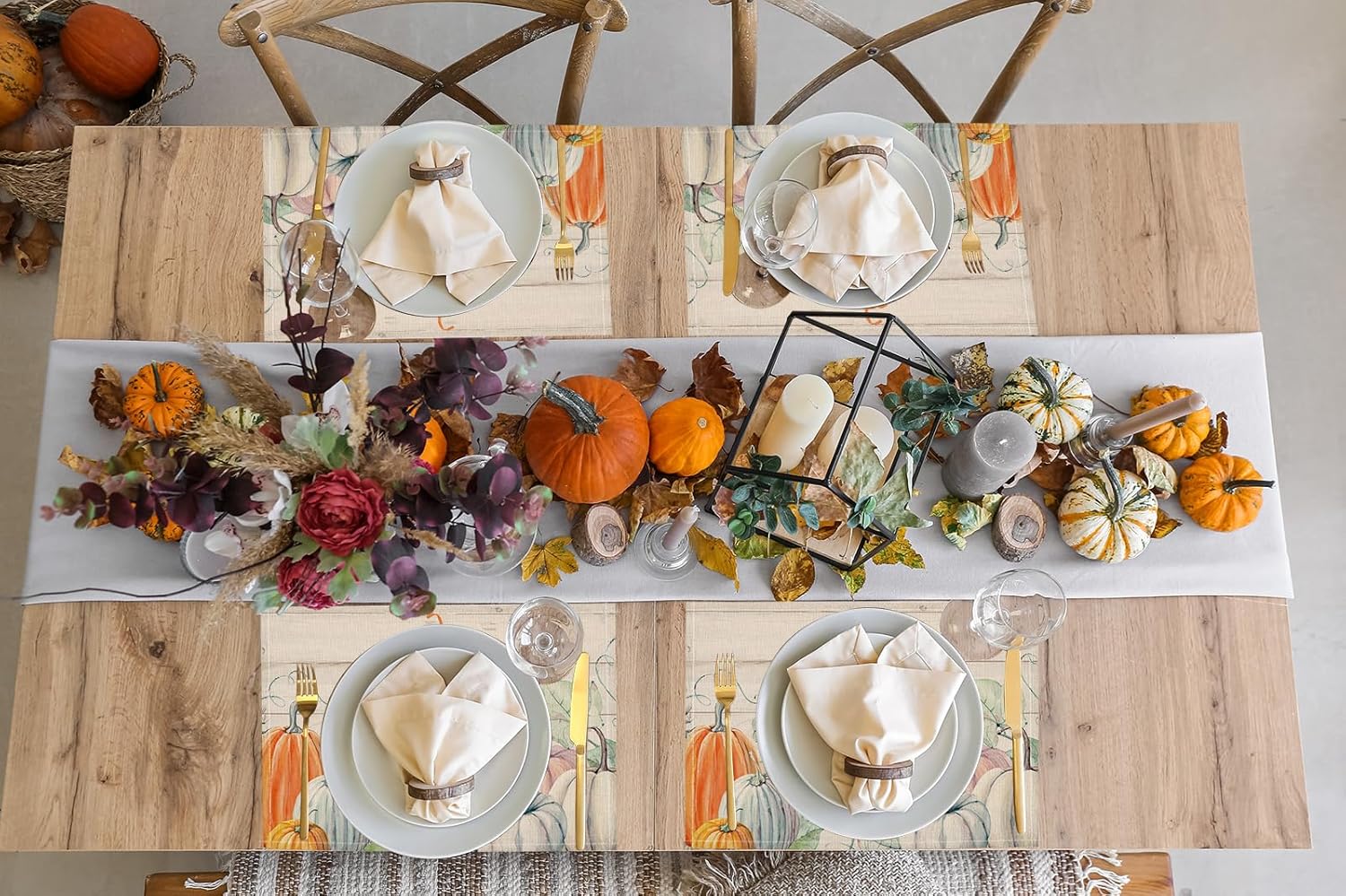 Juego de 4 manteles individuales de otoño, Hello Pumpkins, de 12 x 18 pulgadas, para decoración de fiestas, cocina, comedor