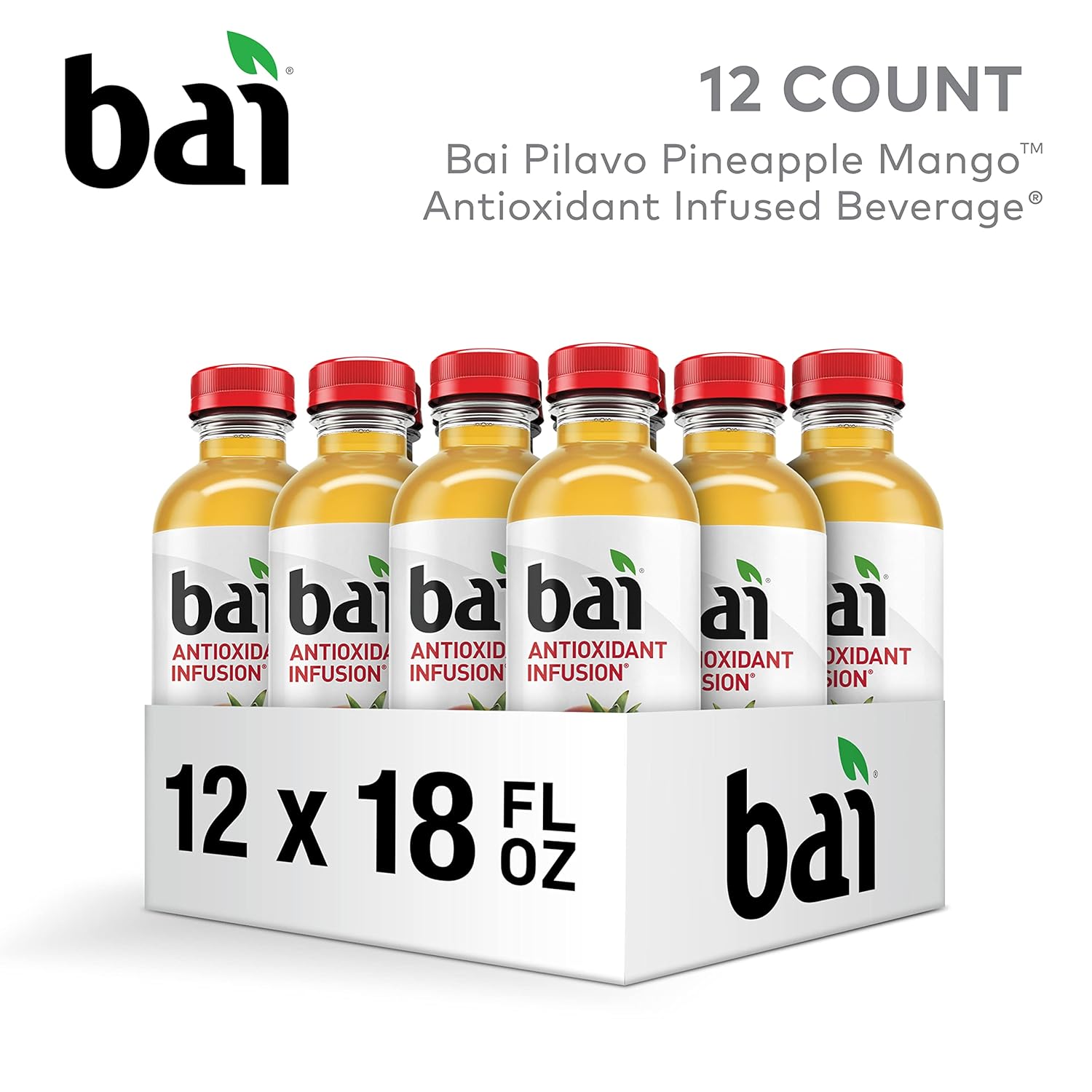 Bai Pilavo Pineapple Mango, bebida con infusión antioxidante, botellas de 18 onzas líquidas (paquete de 12)