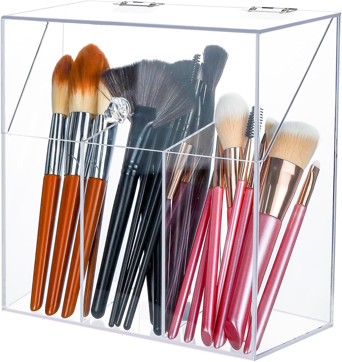 Soporte acrílico para brochas de maquillaje con tapa, organizador de brochas de maquillaje cosmético transparente y caja de almacenamiento con