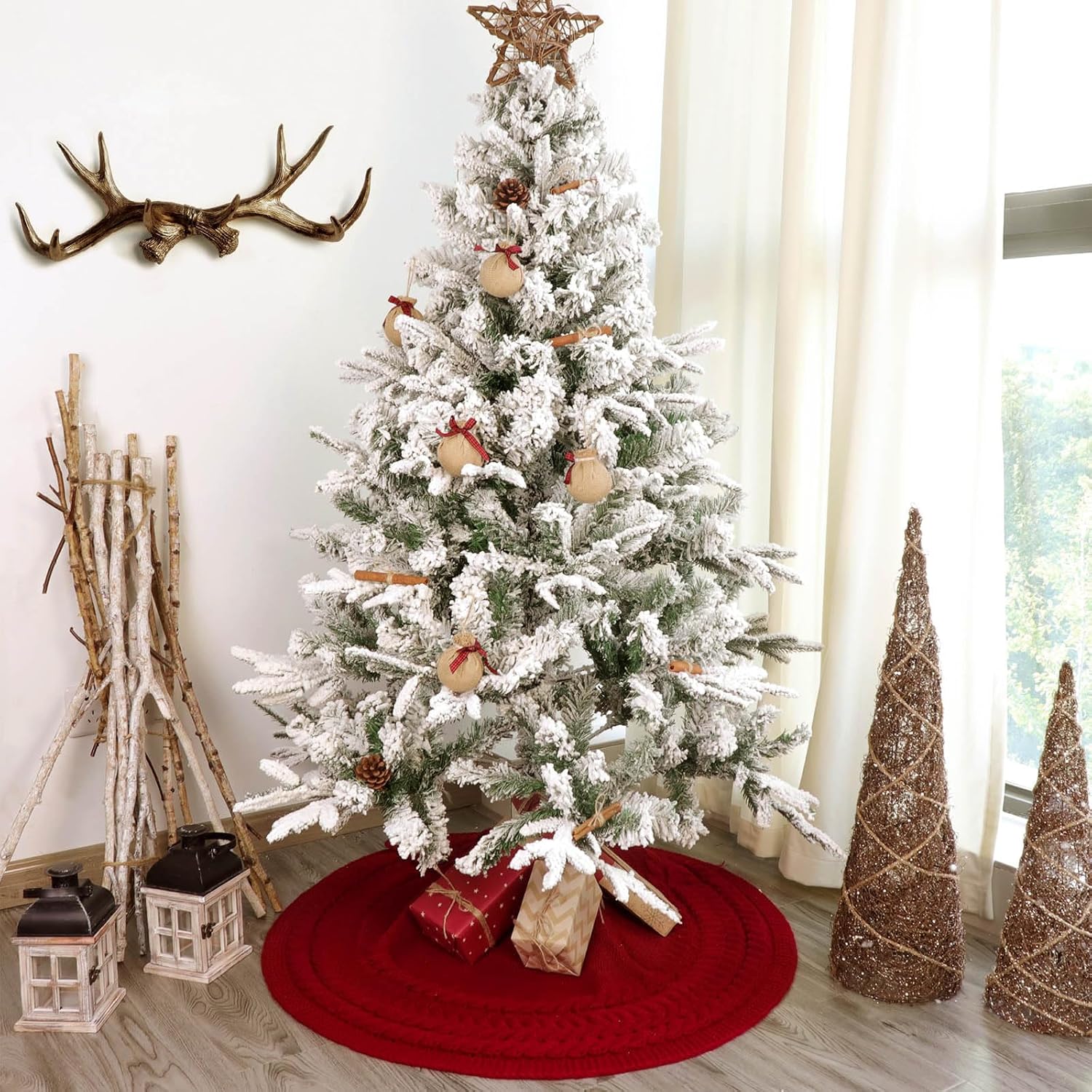 Falda de árbol de Navidad de 36 pulgadas anillos anuales de punto trenzado grueso, falda redonda de árbol rojo vino, decoraciones rústicas para