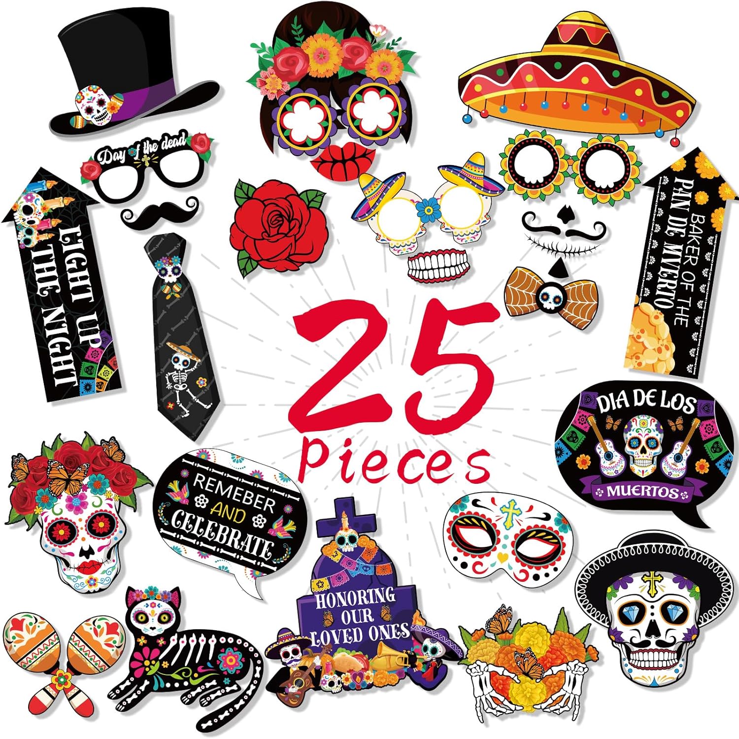 DPKOW Divertidos accesorios para cabina de fotos del Día de los Muertos, accesorios para selfies, accesorios para fotos de Halloween, accesorios