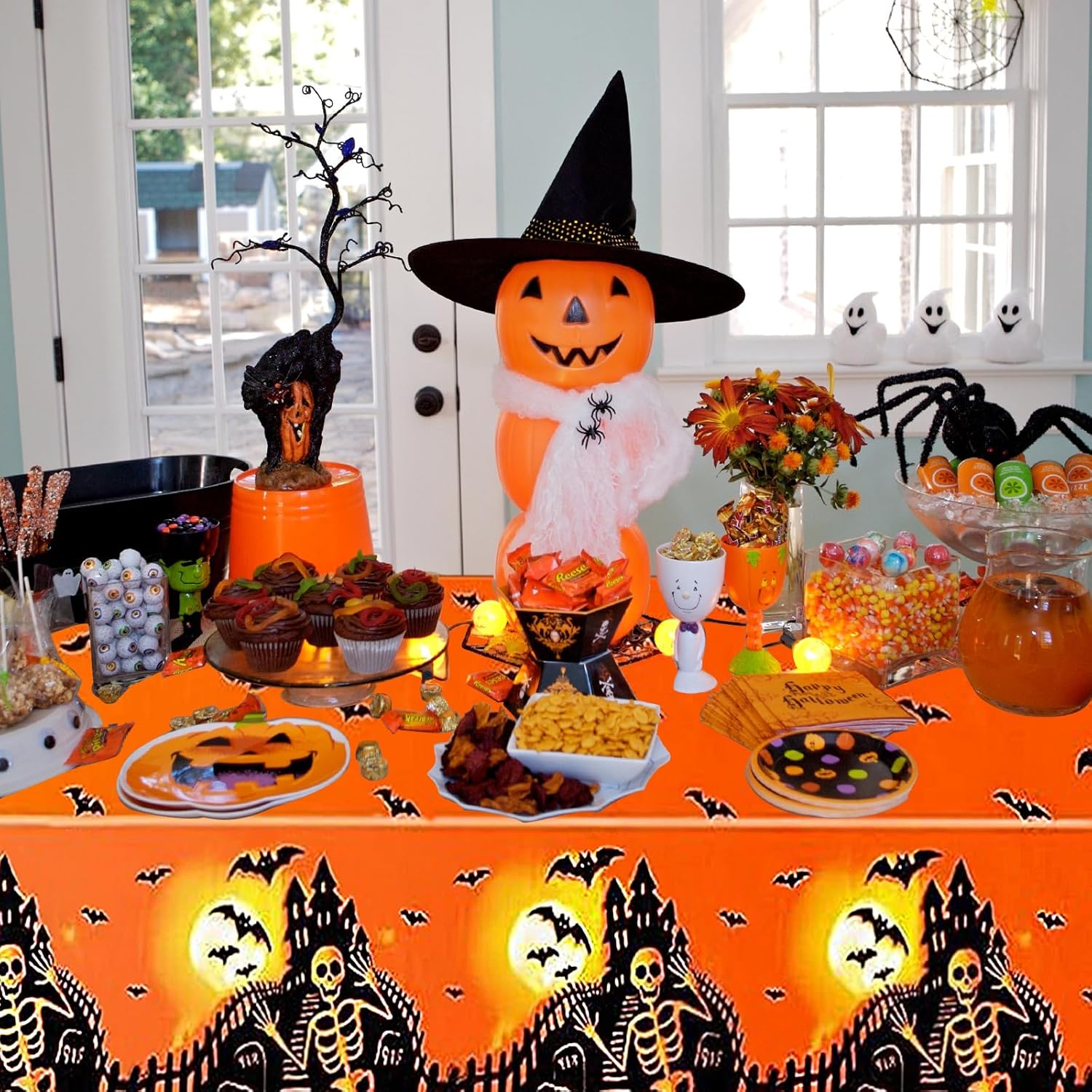 Paquete de 4 manteles de Halloween, decoraciones de Halloween, manteles desechables para decoraciones de fiesta de Halloween, 54 x 108 pulgadas,