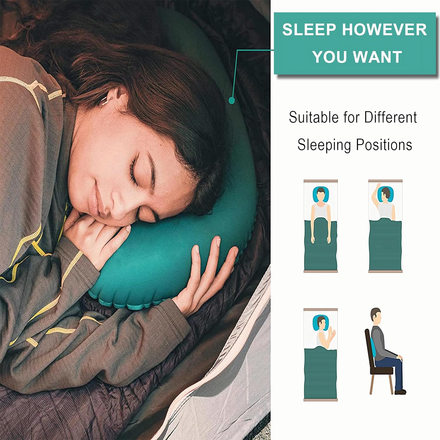 Portable Inflatable Neck Pillow for Outdoor Travel, Camping, Office Naps-PolyesterColor Available-Simple and Comfortable (Cyan)