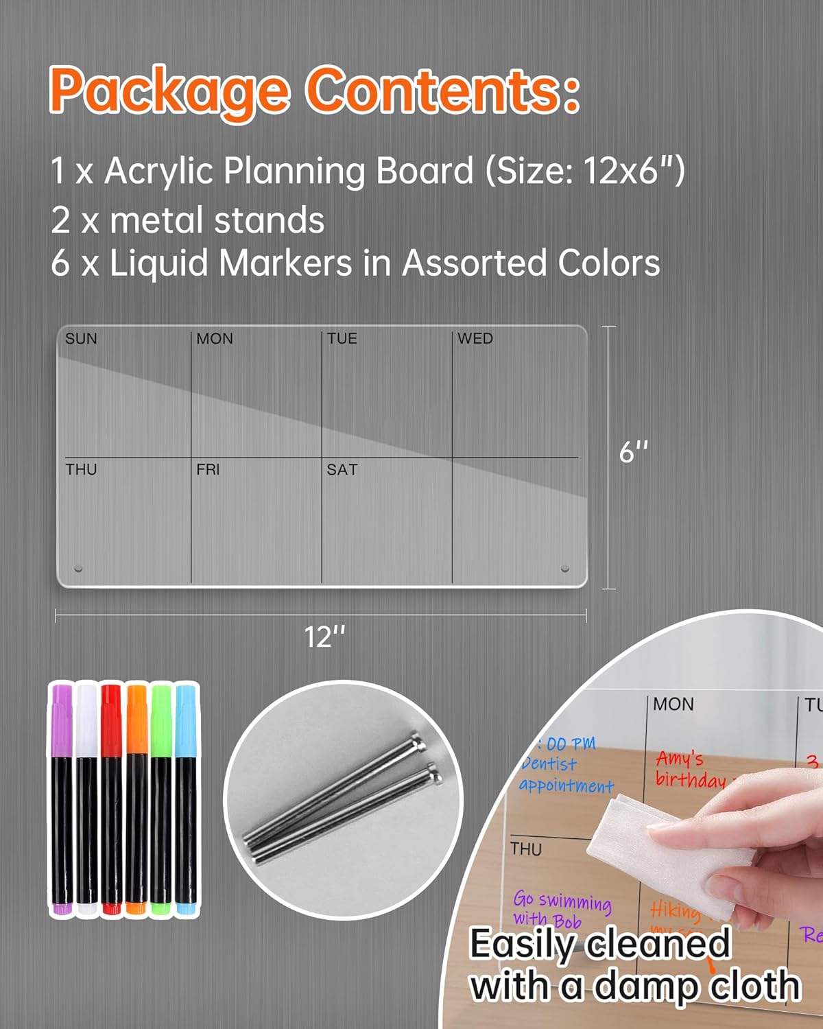 Planificador semanal de escritorio acrílico, pizarra blanca transparente de 12 x 6 pulgadas con soporte de metal, calendario de lista de tareas