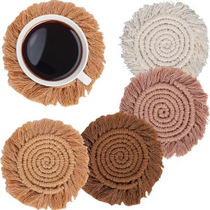 Whaline Juego de 4 posavasos de macramé bohemios hechos a mano para bebidas, tapete bohemio con borla para tipos de tazas y tazas, café, hogar, Whaline Juego de 4 posavasos de macramé bohemios hechos a mano para bebidas, tapete bohemio con borla para tipos de tazas y tazas, café, hogar,