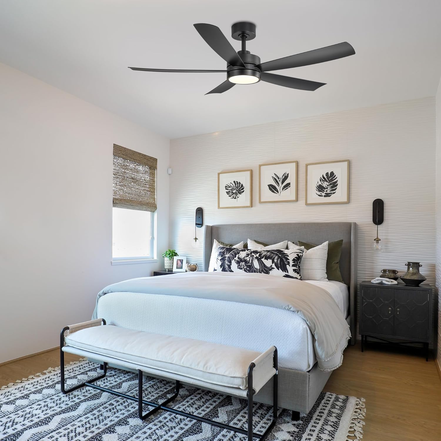 Breezary Ceiling Fans with Lights and Remote, 52″ Ceiling Fans OutdoorIndoor with 6 Speeds Reversible DC Motor and 5 Blades, Modern Black Ceiling