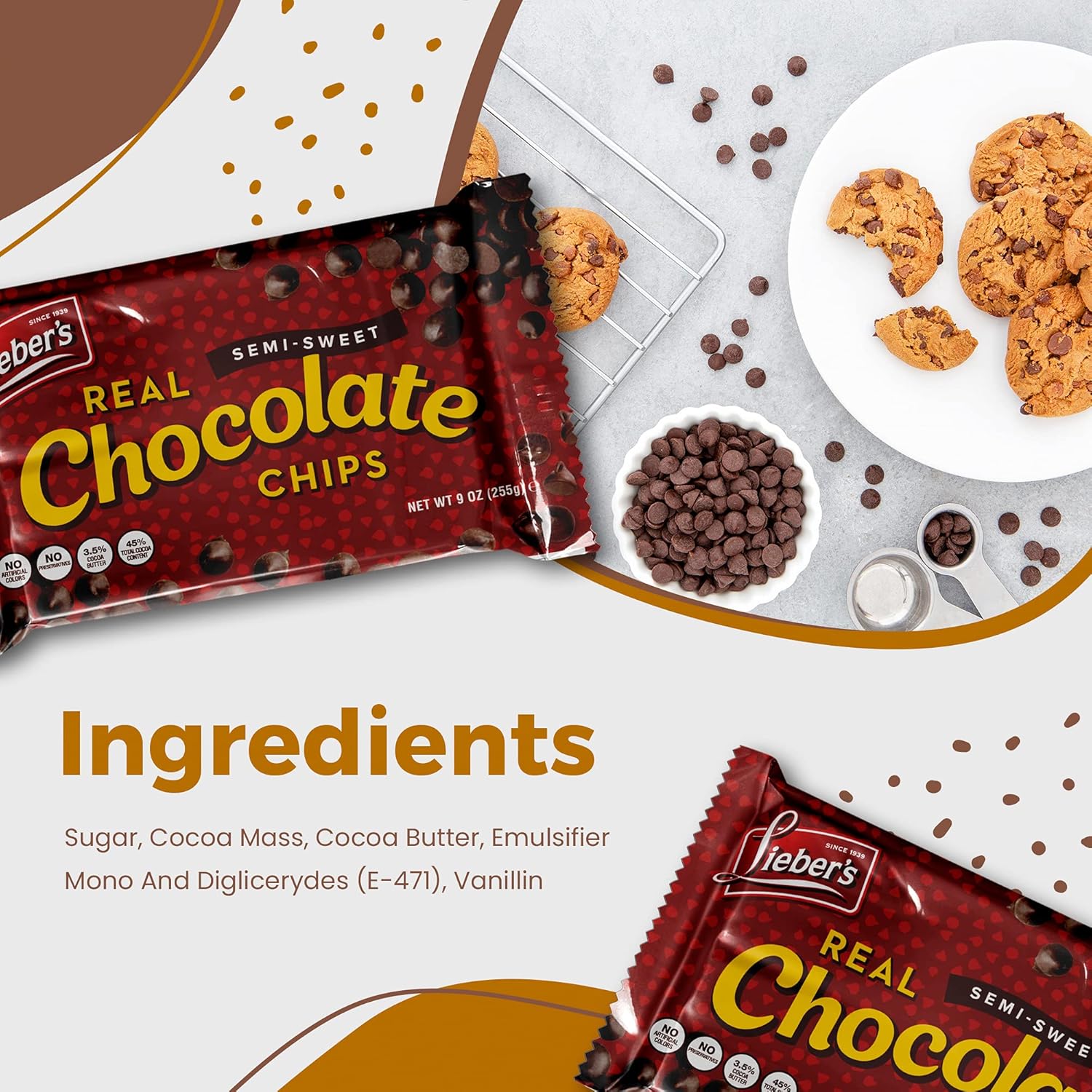 Lieber’s – Chips de chocolate real semitulce vegano, 9 onzas, sin gluten, sin lácteos, Kosher Parve, chips de chocolate bajos en calorías para