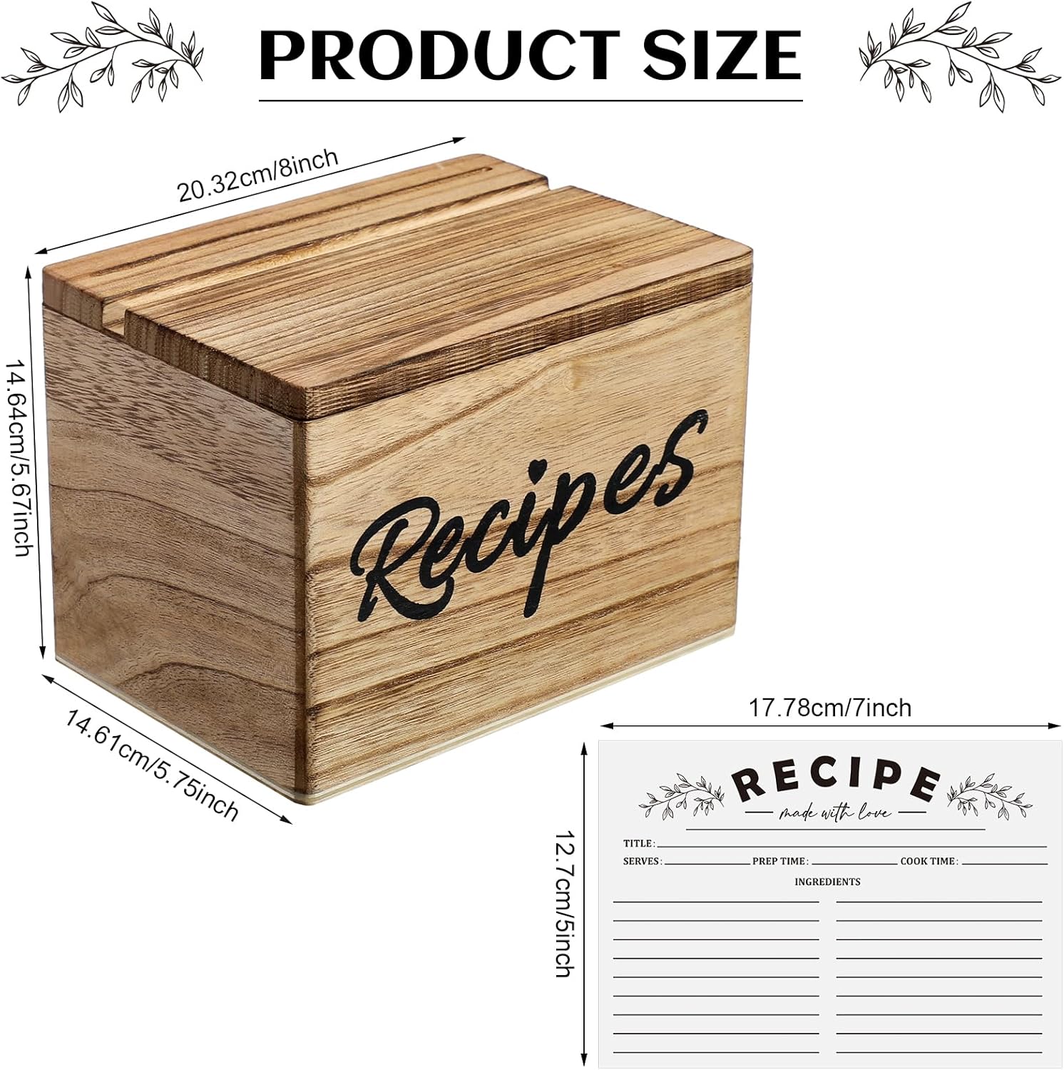 Hoteam Caja de recetas de madera con tarjetas y soporte para tarjetas de recetas de madera rústica con 50 tarjetas de recetas de 5 x 7 pulgadas,