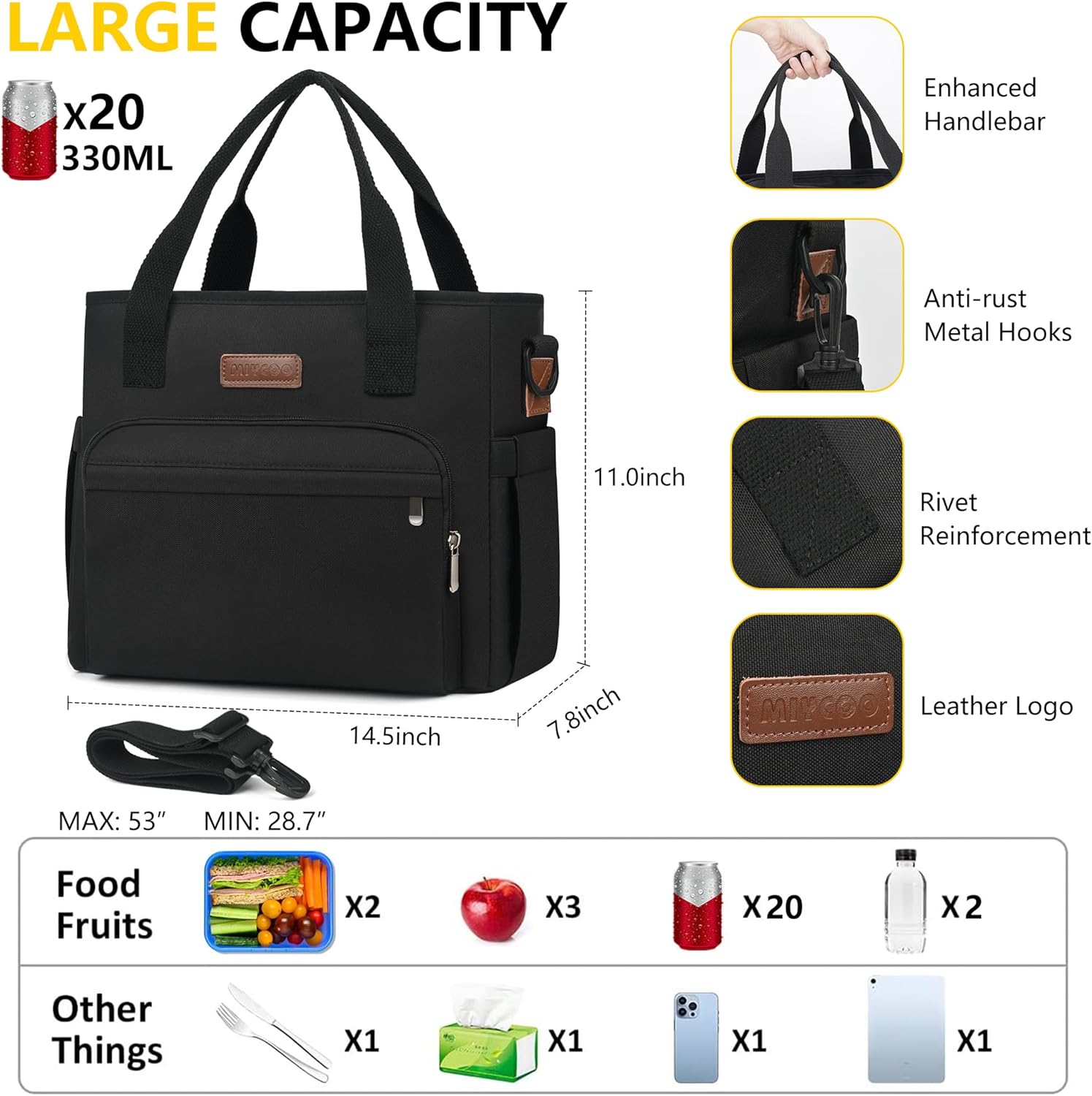 MIYCOO – Lonchera unisex, a prueba de fugas, con aislamiento, grande, con 2 compresas frías, color negro
