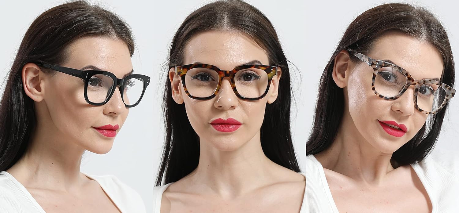 REAVEE Paquete de 3 lentes de lectura retro de gran tamaño para mujer, bloqueo de luz azul, lindos, cuadrados, para lectura de computadora, bisagra