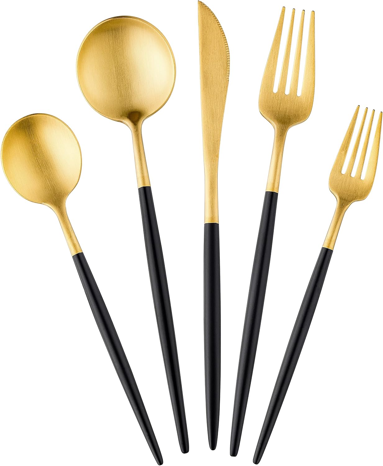 Vikko Decor Modern – Juego de cubiertos negros y dorados, acero inoxidable 1810, elegantes cubiertos de mango largo, cubiertos de dos tonos para