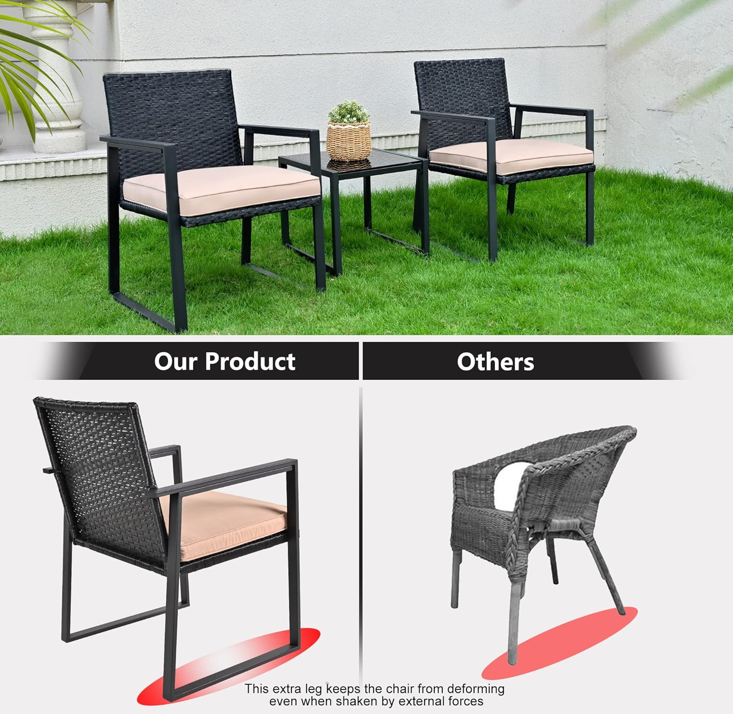 SUNLEI – Juego de muebles de mimbre para exteriores, 3 piezas, dos sillas y mesa auxiliar con vidrio, para café, color negro