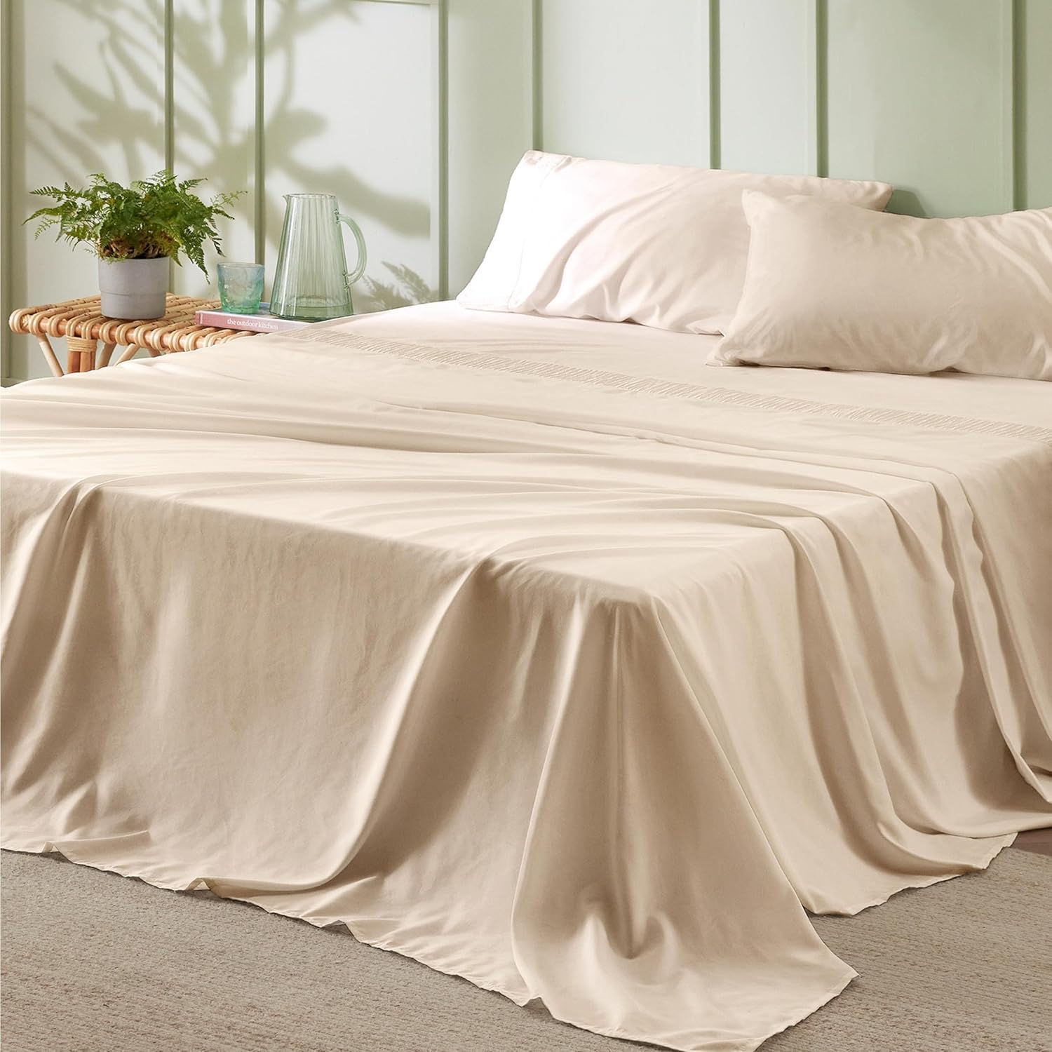 Bedsure – Juego de sábanas para cama de tamaño Full, de color beige, suave juego de sábanas que incluye fundas de almohada, 4 piezas, de 1800 hilos,