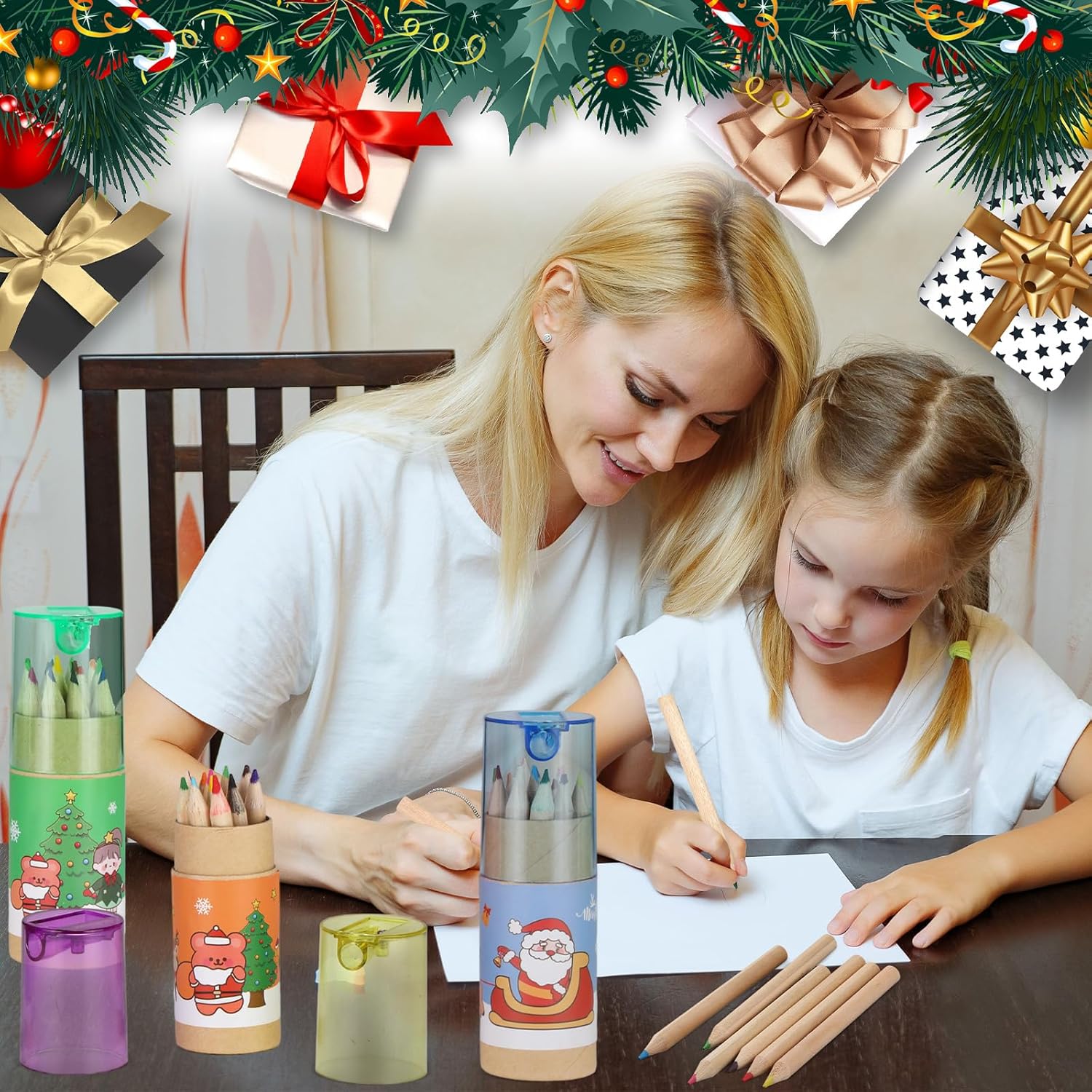 Fumete Paquete de 32 mini lápices de colores de Navidad a granel con sacapuntas en tubo de dibujo, lápices de colores para niños, lápices de