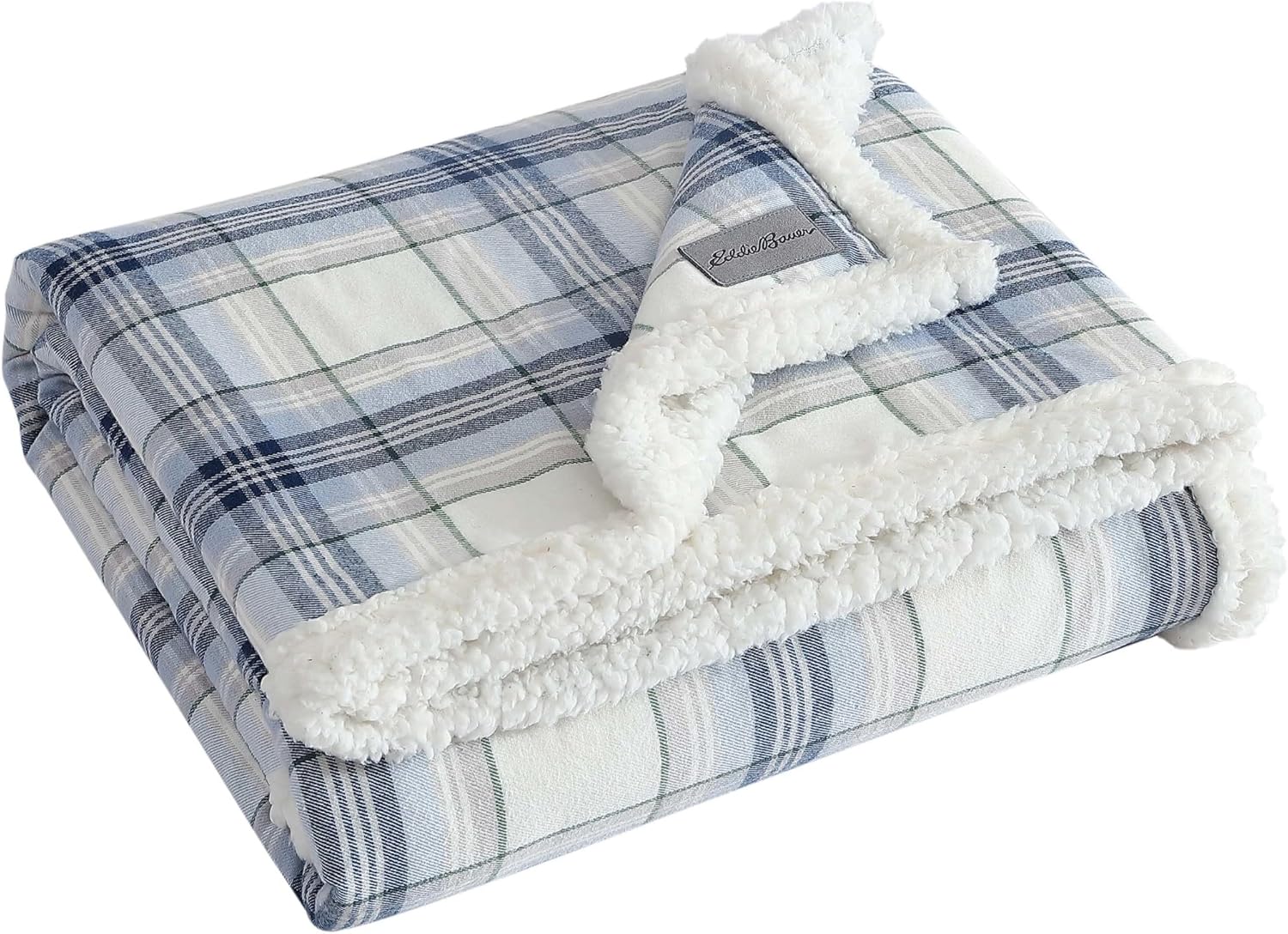 Eddie Bauer Manta decorativa de franela de algodón para el hogar, ropa de cama reversible de sherpa para todas las estaciones, a cuadros, azul