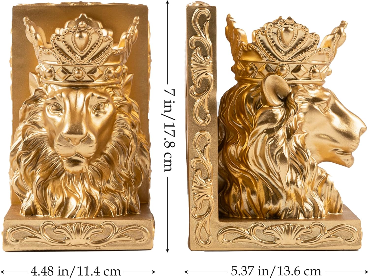 Sujetalibros decorativos de estatua de león (juego de 2) escultura de león corona para regalo de Leo, sujetalibros resistentes, extremos