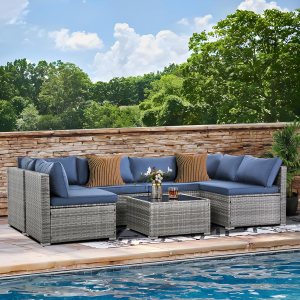 LAUREL CANYON Sofá seccional, juegos de conversación de mimbre gris, cojines de 3 pulgadas de grosor, azul marino LAUREL CANYON Sofá seccional, juegos de conversación de mimbre gris, cojines de 3 pulgadas de grosor, azul marino