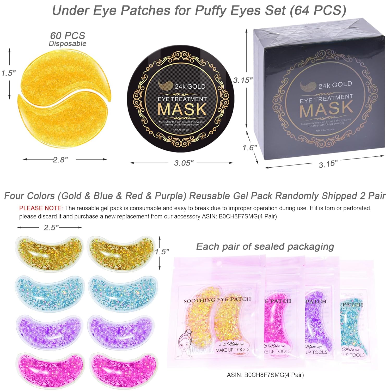 Under Eye Patches for Puffy Eyes, 24K Gold Collagen Eye Mask, Hot Cold Treatment Cooling Gel Eye Pads for Wrinkles Dark Circles Puffiness Eye Bags