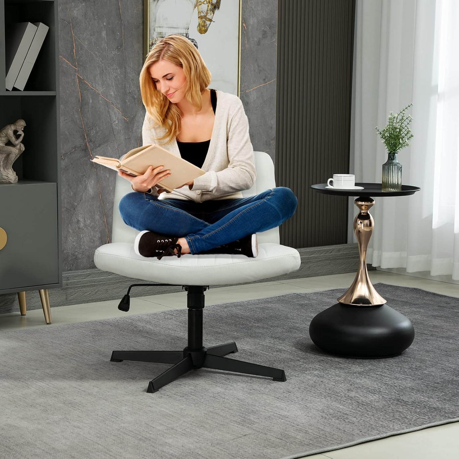 Pvillez Silla de escritorio de oficina sin ruedas, de piel sintética, sin brazos, silla de escritorio para oficina en casa, asiento ancho, silla de