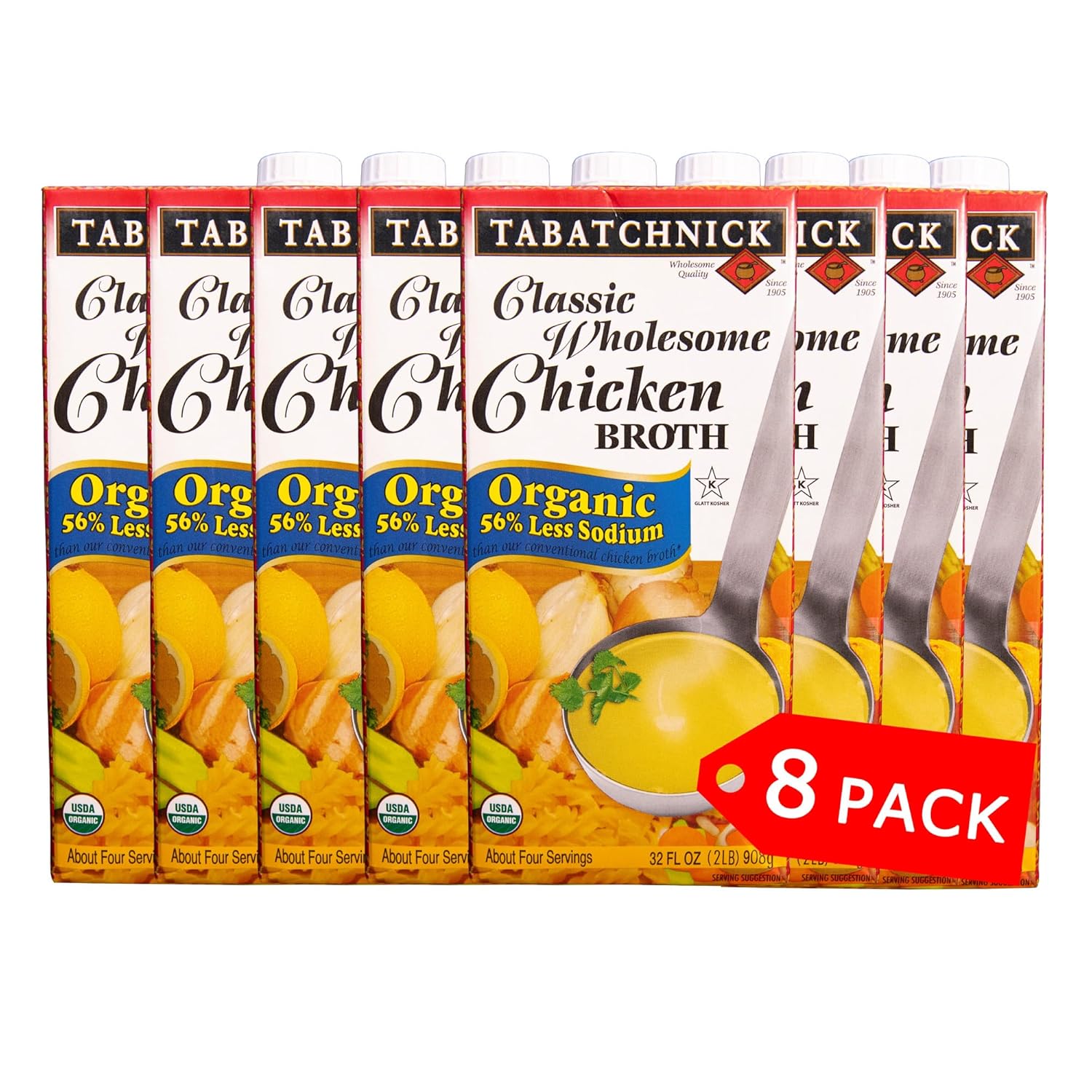 Tabatchnick Caldo de pollo orgánico bajo en sodio (paquete de 8) 32 onzas, certificado Kosher, pollo real, sin azúcar añadido, 10 calorías por