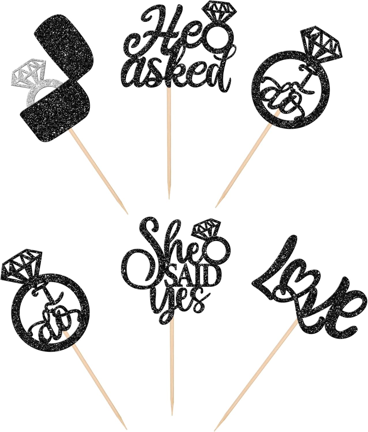 30 piezas de adornos para cupcakes con texto en inglés “He Asked She Said Yes Love I Do”, anillos de diamantes para bodas, despedidas de soltera,