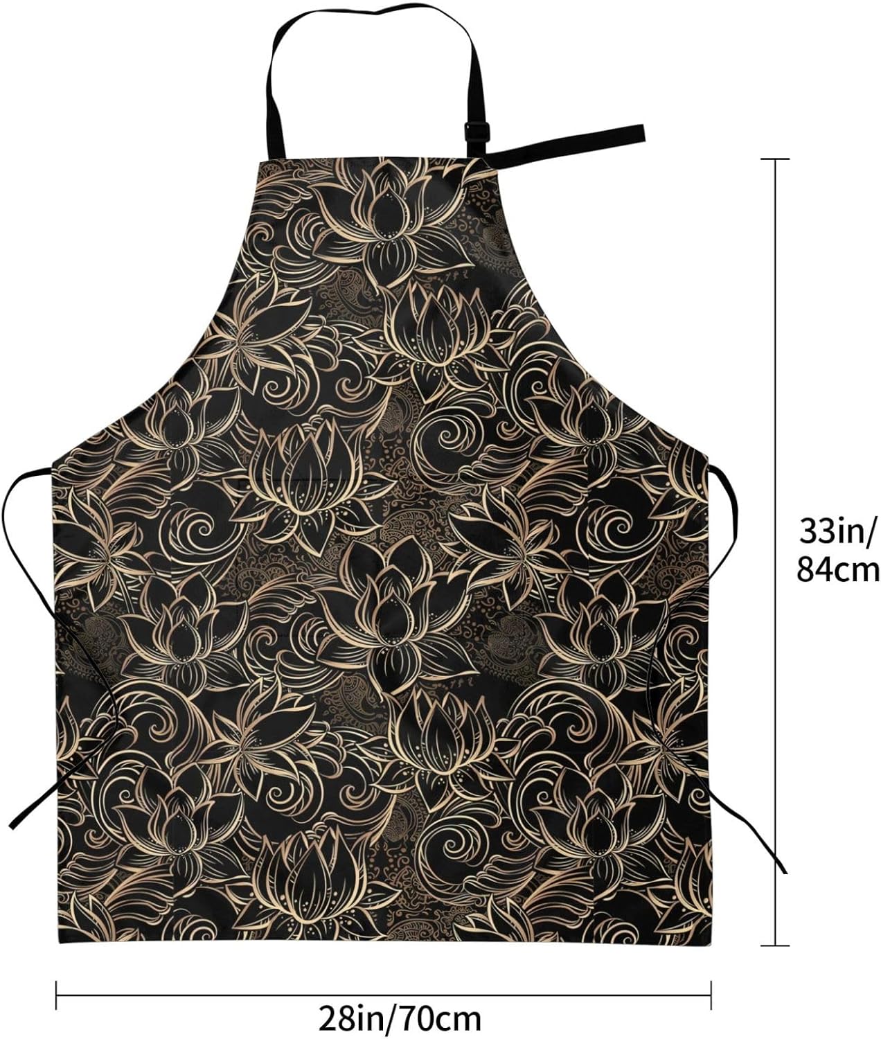 JENKEM Delantal impermeable de flores de loto dorado boho con bolsillos delantales de cocina ajustables babero de cocina para hornear hogar