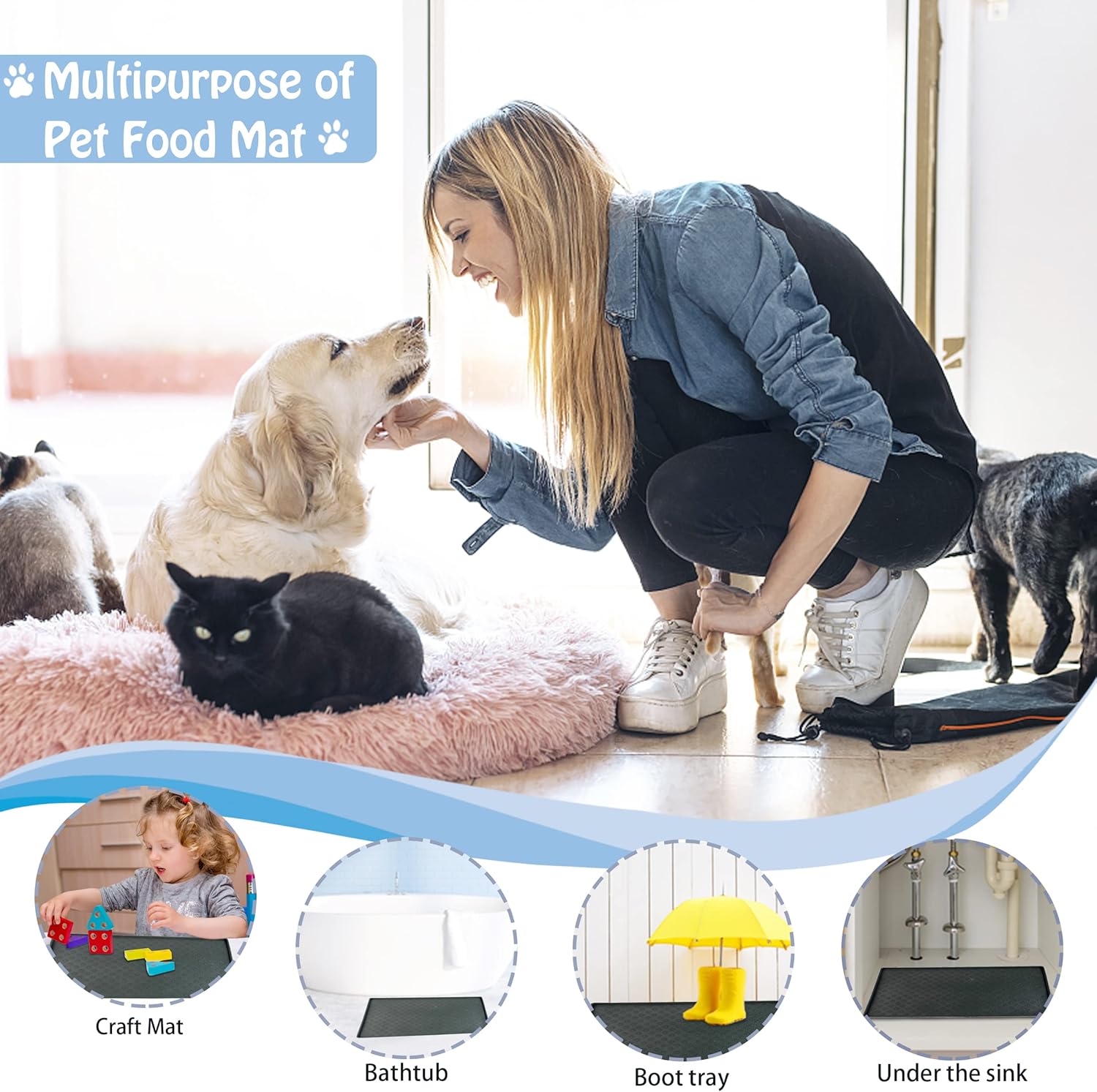 Tapete de comida para perros y gatos para el piso, tapete para alimentación de perros y agua, bordes elevados para alimentos y gatos, tapete para