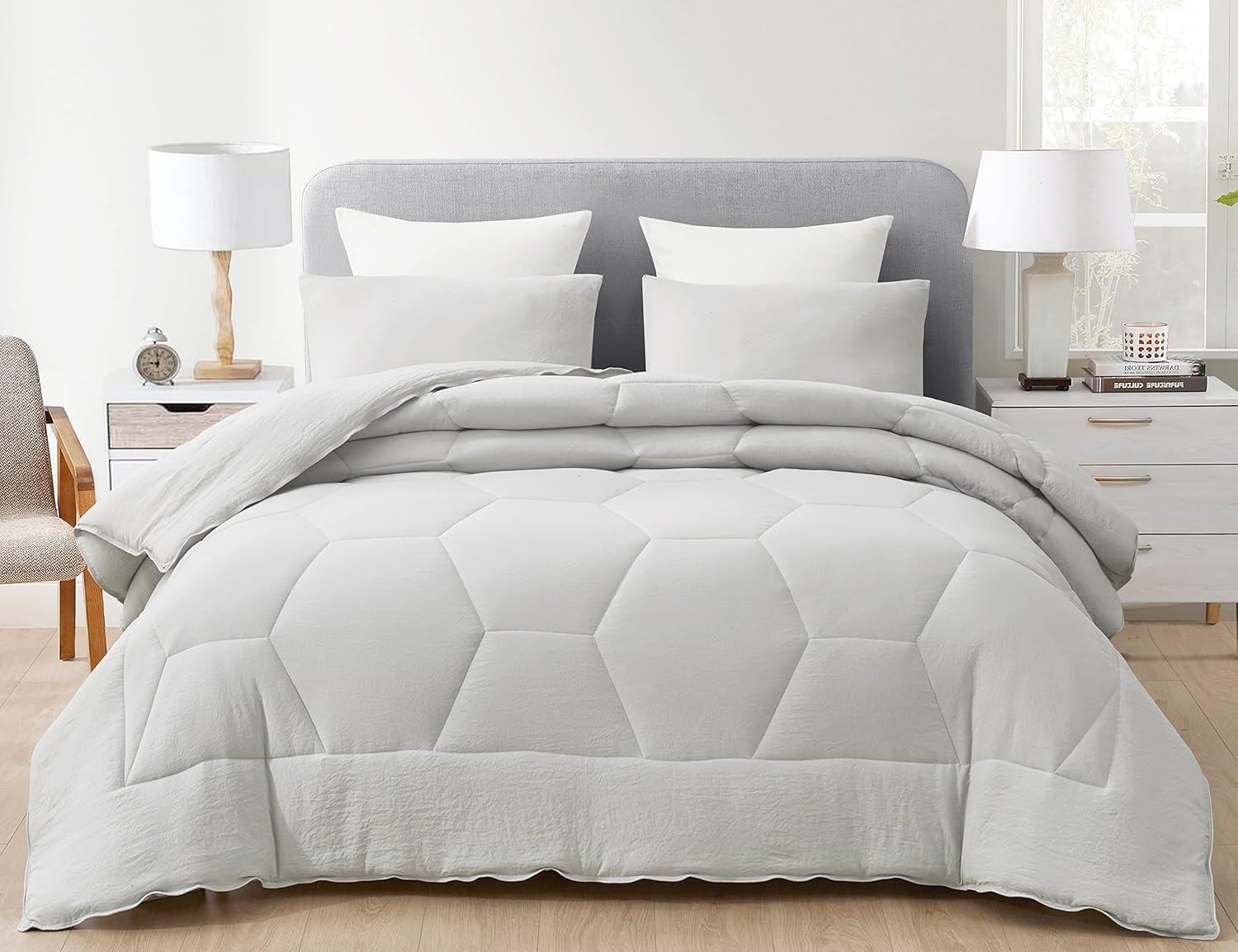 Chezmoi Collection Vero – Juego de edredón de microfibra acolchada de panal de abeja de 3 piezas, ropa de cama hexagonal geométrica ligera lavada