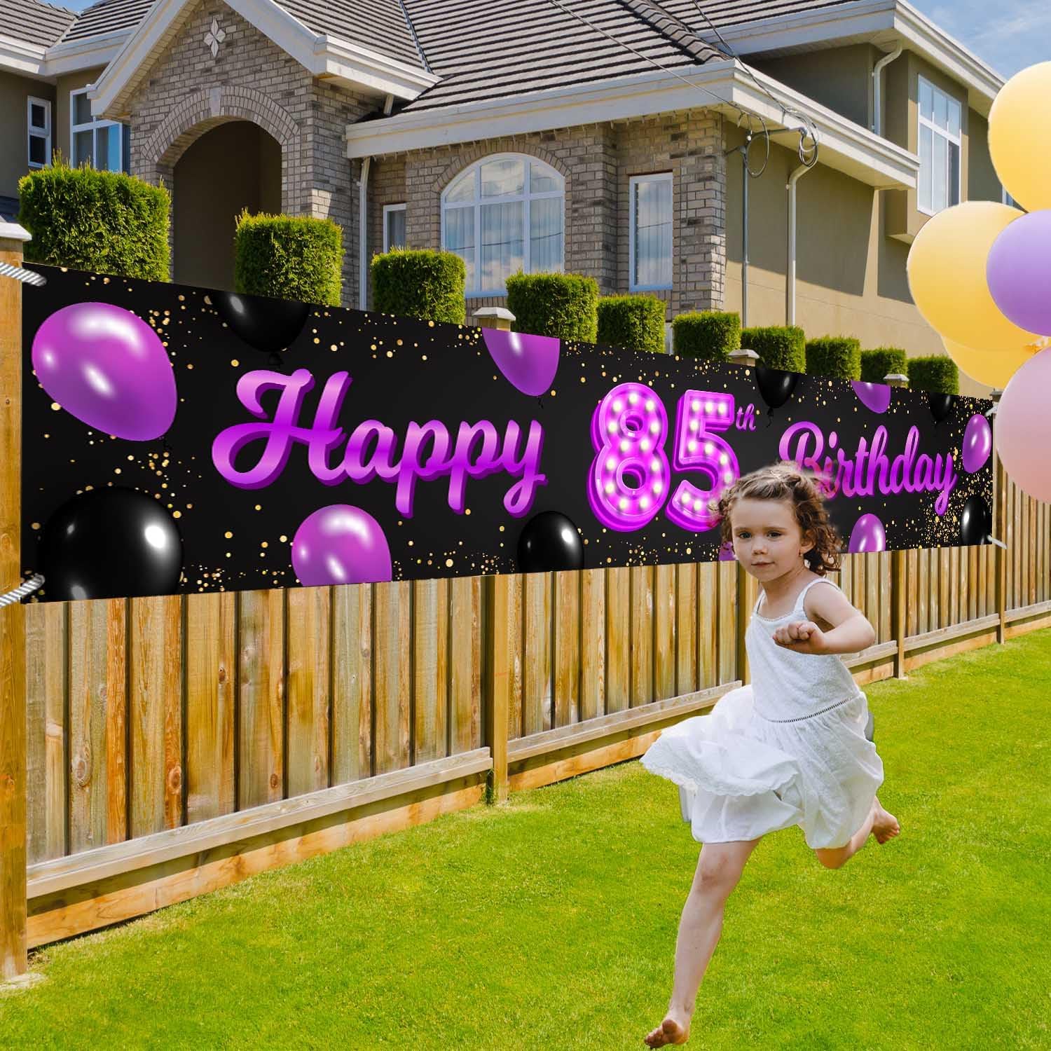 Cartel de feliz cumpleaños 85 morado y negro, decoración temática de globos de confeti para mujeres de 85 años, suministros de fiesta de cumpleaños,