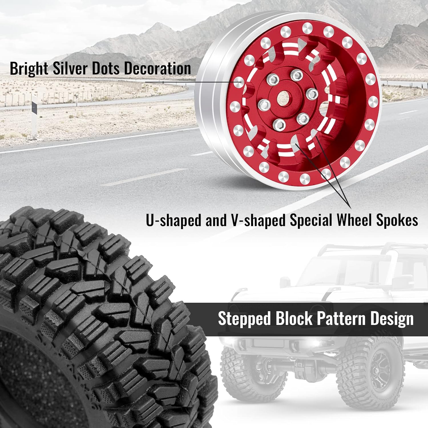 OGRC 1.0 Plus (1.2 pulgadas) Beadlock – Juego de llantas y neumáticos de 0.276 pulgadas con desplazamiento negativo súper suaves para TRX4M SCX24