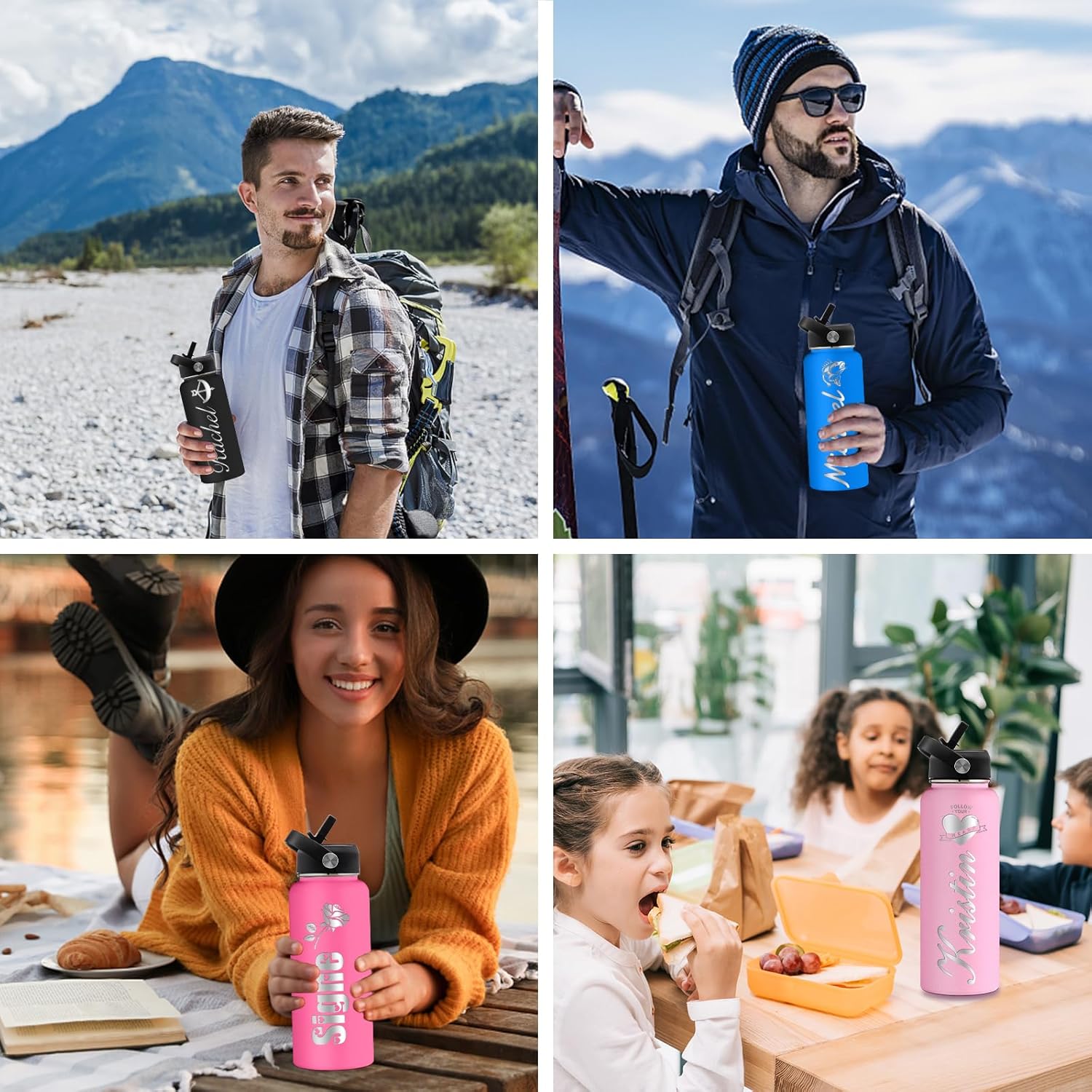 Botella de agua personalizada con aislamiento personalizado con tapa con popote, botellas de acero inoxidable grabadas personalizadas de 40 onzas