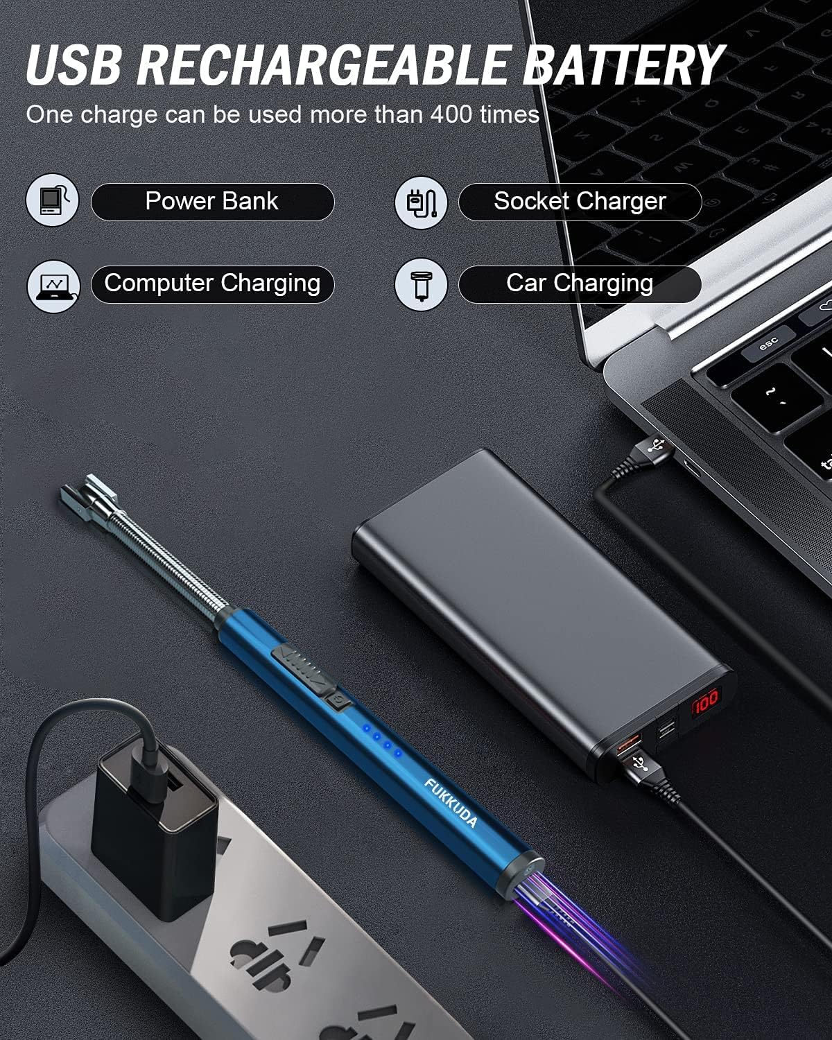 Encendedor de velas eléctrico, de arco, con batería de plasma recargable USB, sin flama y resistente al viento, con interruptor doble de seguridad