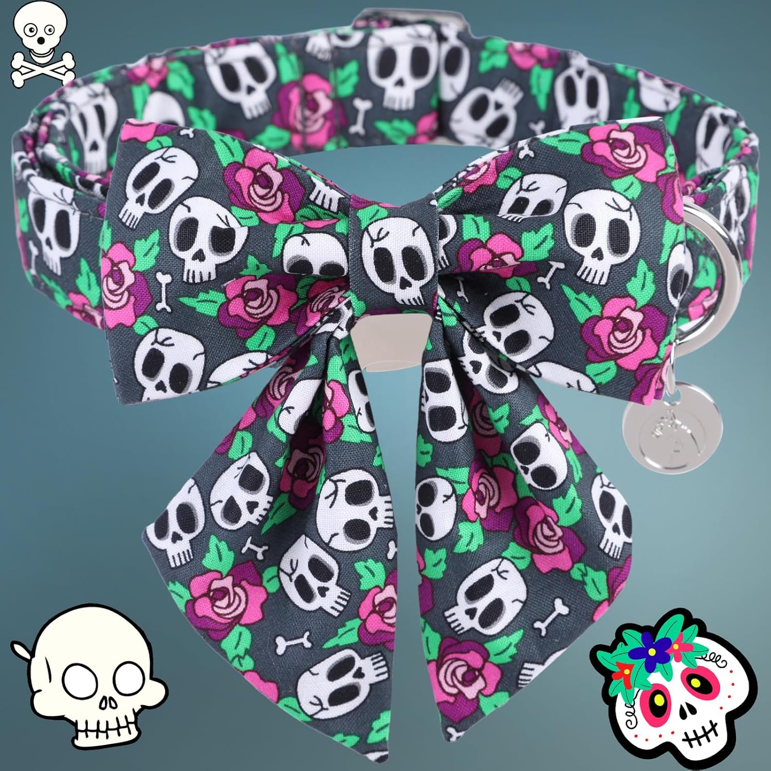 DOGWONG Collar de perro fantasma de Halloween con corbatín de marinero, collar de perro de calavera rosa para Halloween, duradero y suave, collar de
