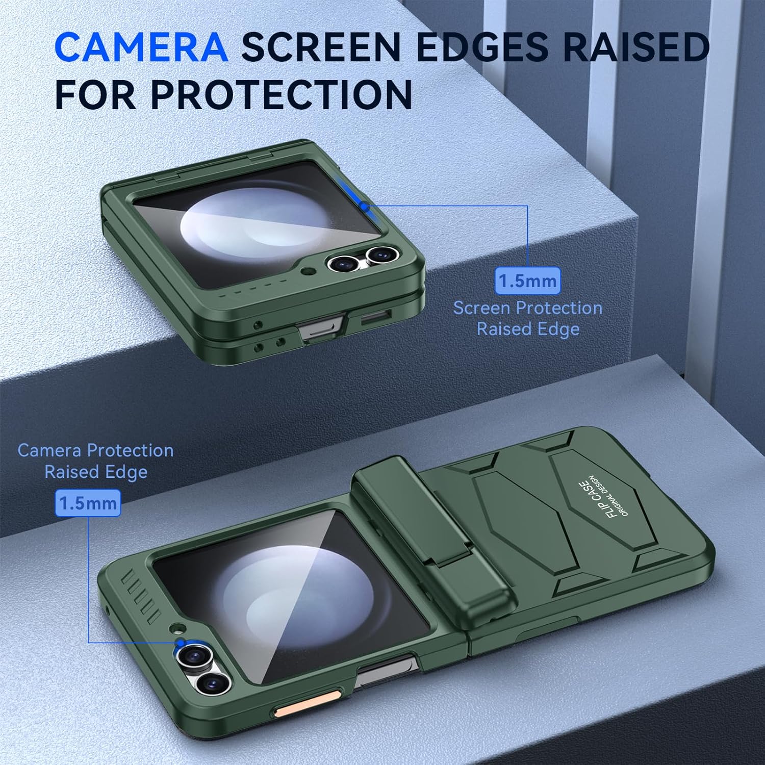 Funda para Samsung Galaxy Z Flip 5 con protección de bisagra y protector de pantalla pequeño integrado y soporte oculto de cuerpo completo,