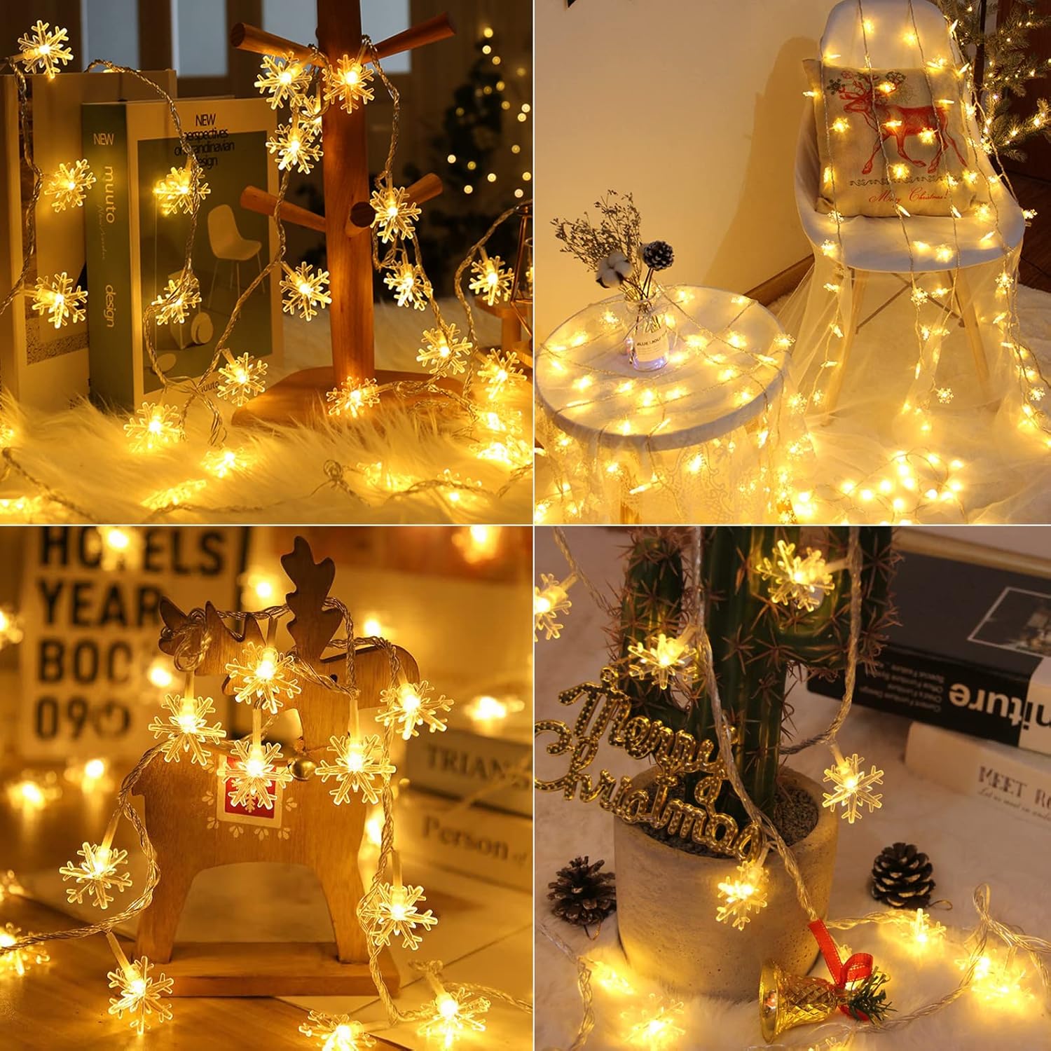 Guirnalda de luces solares de copo de nieve de Navidad, paquete de 2 unidades, 100 luces LED de 78 pies para exteriores, impermeables, con 8 modos