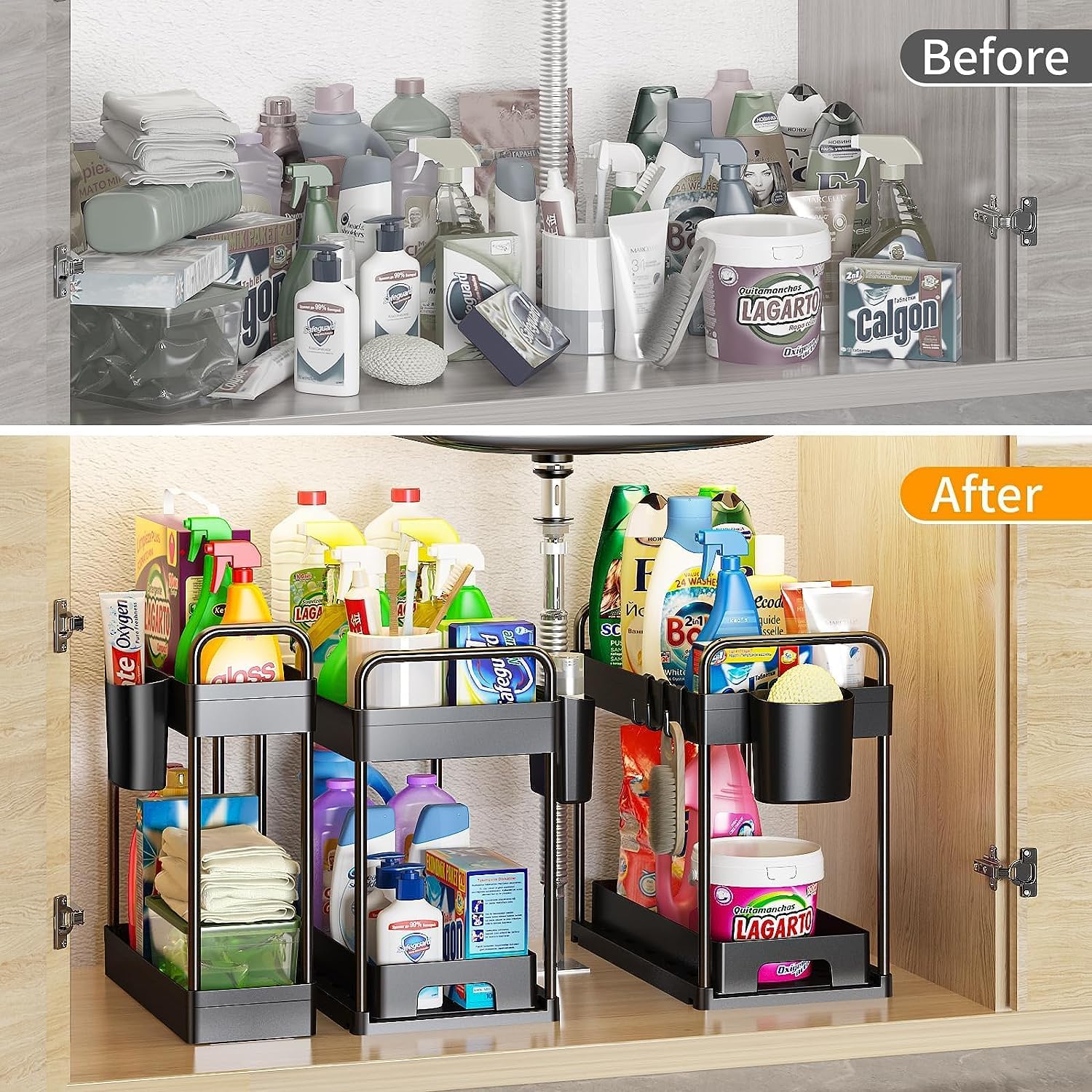JUJOJB Paquete de 3 organizadores extraíbles para debajo del fregadero, 2 niveles, multiusos, para baño, cocina, fregadero, organizador de