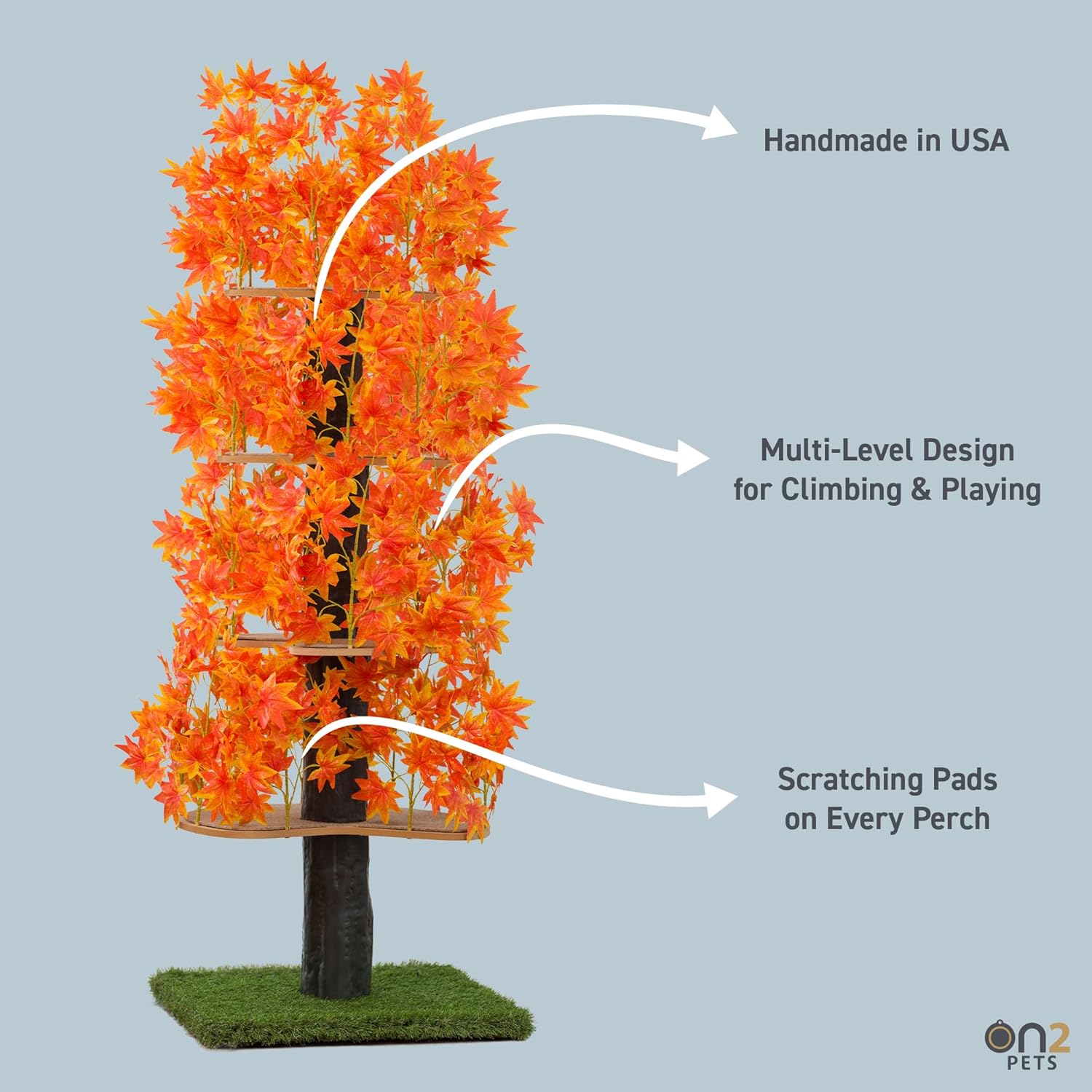 On2 Pets Árbol para gatos con hojas, fabricado en Estados Unidos, casa para gatos XL y árbol de actividades para gatos con hojas naranjas Blaze,